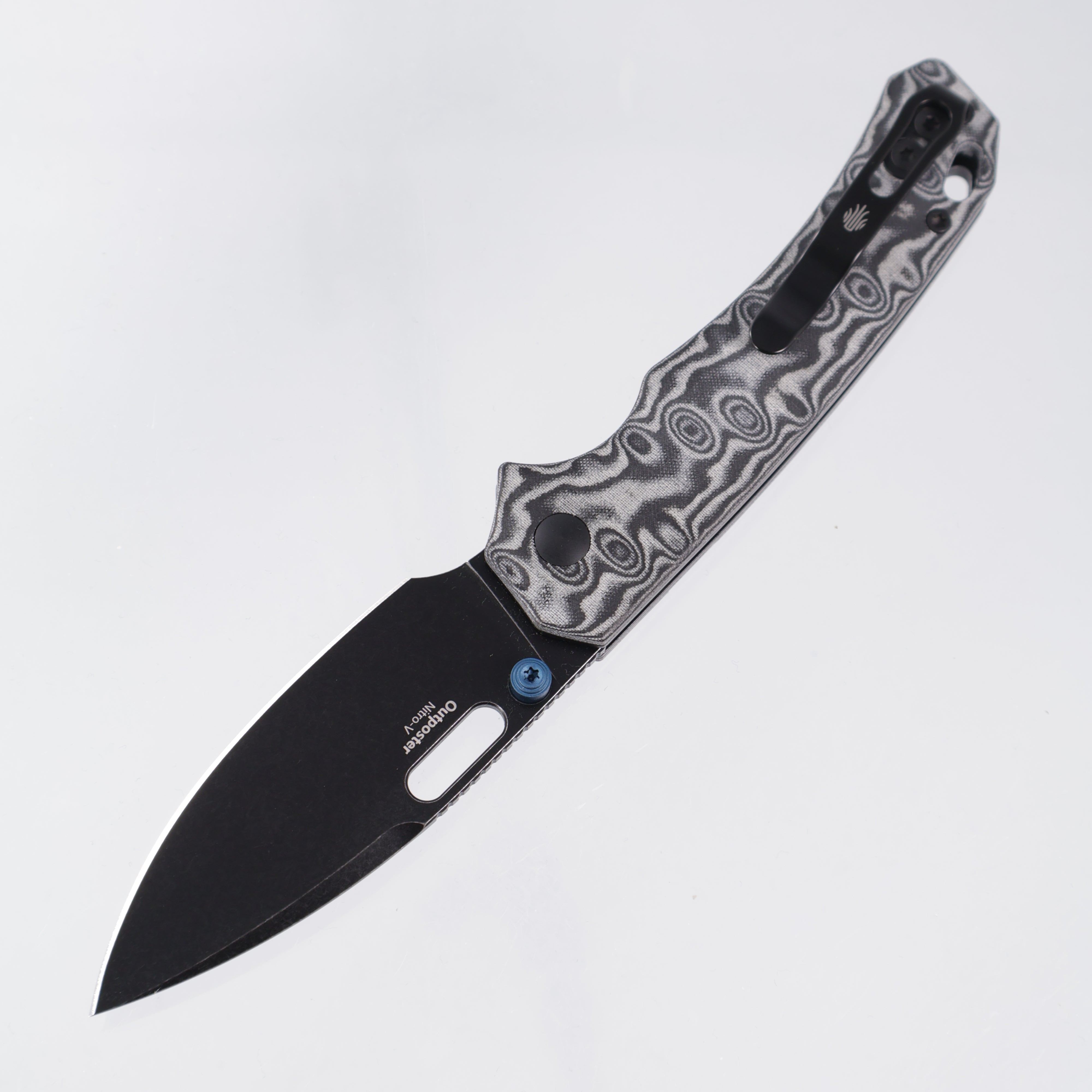 Kizer Outposter Button Liner Lock - Gray Vortex Micarta w/ Blue Accents - Blackwash Nitro-V - V3802BDA2
