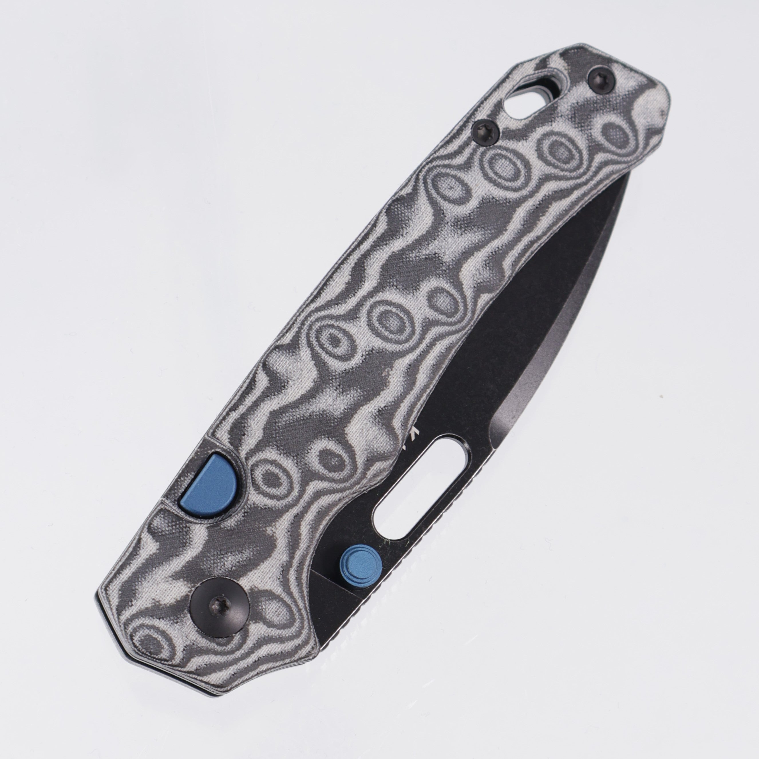 Kizer Outposter Button Liner Lock - Gray Vortex Micarta w/ Blue Accents - Blackwash Nitro-V - V3802BDA2