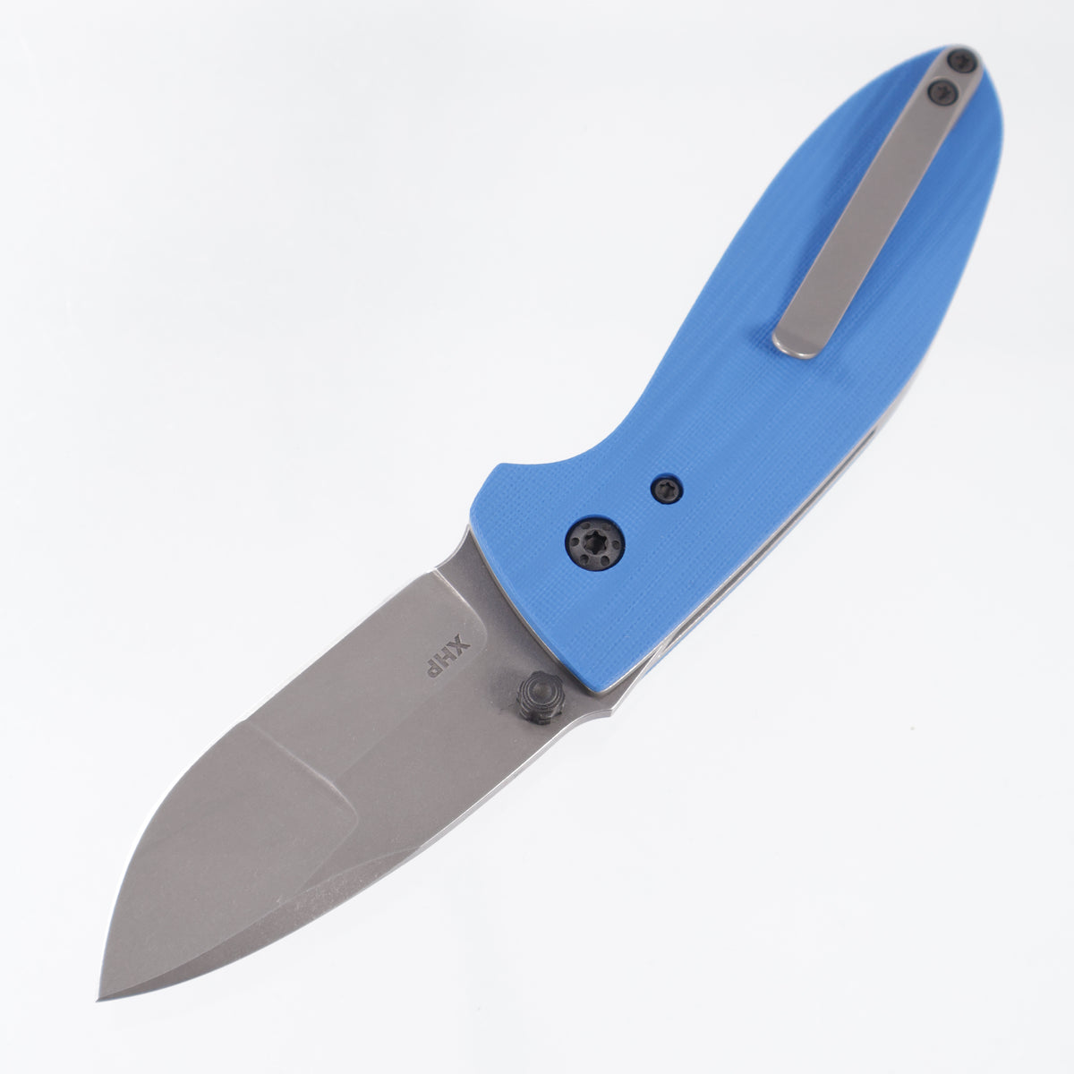 Krein Knives Alpha Linerlock - Textured Blue G10 w/ Battle Blacked Ti Hardware - Acidwash CTS-XHP Compound Grind