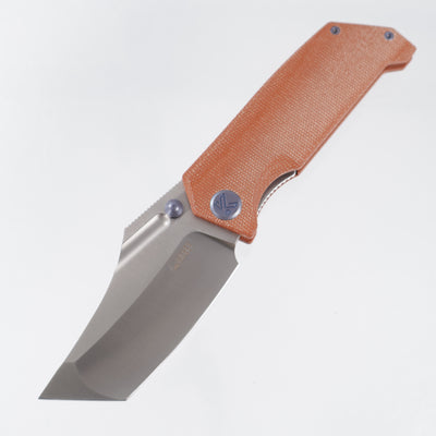 Kubey Hamster Linerlock - Tan Micarta w/ Blue Ti Accents - Satin 14C28N - KU402F