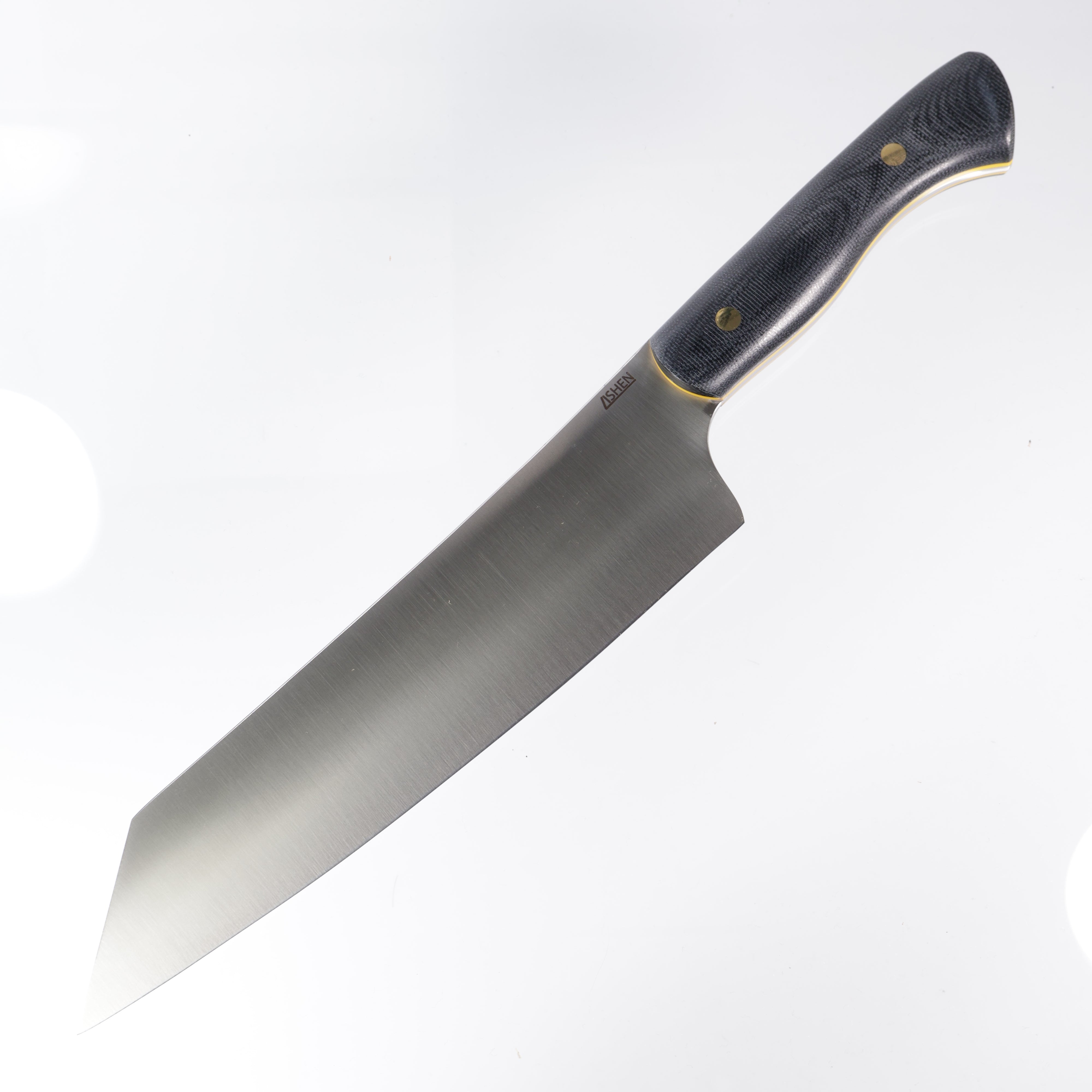 Lishen Knives Kiritsuke - AEB-L - Black Canvas Micarta w/ yellow liners - Brass Pins