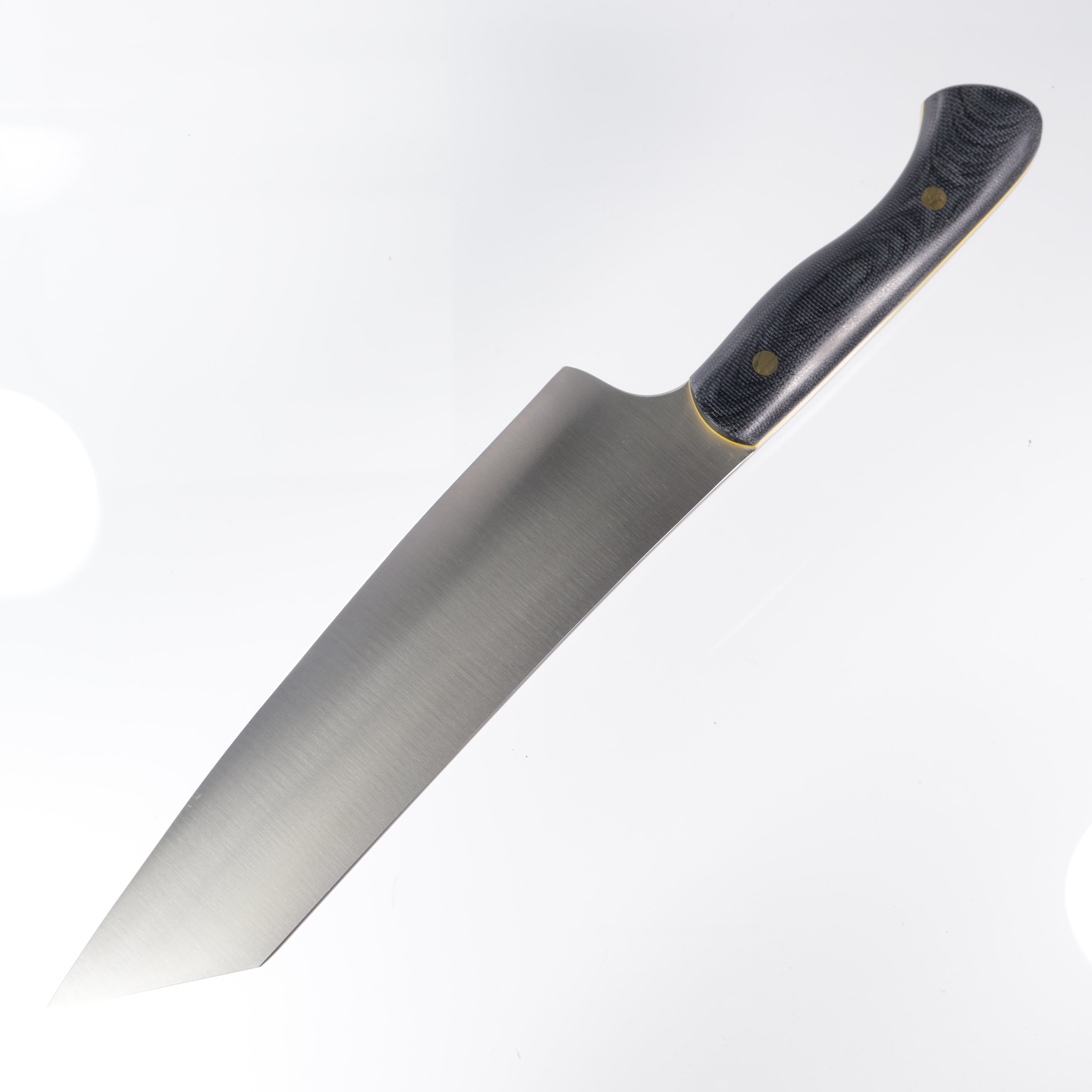 Lishen Knives Kiritsuke - AEB-L - Black Canvas Micarta w/ yellow liners - Brass Pins