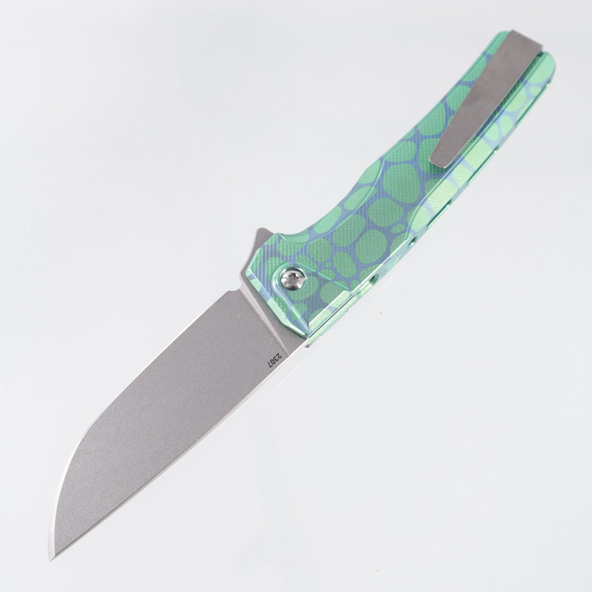 Machine Wise Sonora #2307 - Green & Teal River Rock Ano Diamonds Texture Titanium w/ Ti Bolster - Stonewash S90V