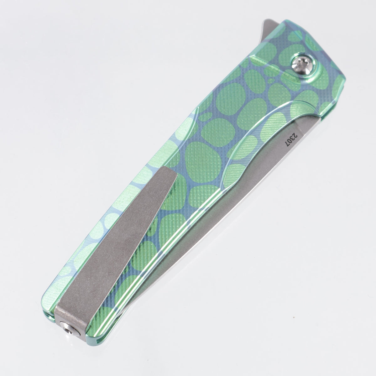 Machine Wise Sonora #2307 - Green & Teal River Rock Ano Diamonds Texture Titanium w/ Ti Bolster - Stonewash S90V
