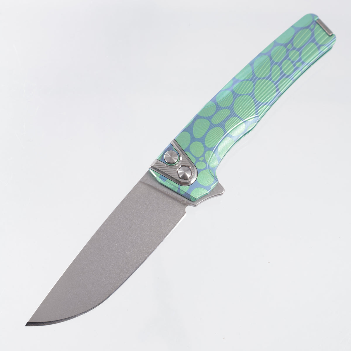 Machine Wise Sonora #2318 - Green & Teal River Rock Ano Sunray Texture Titanium w/ Ti Bolster - Stonewash S90V