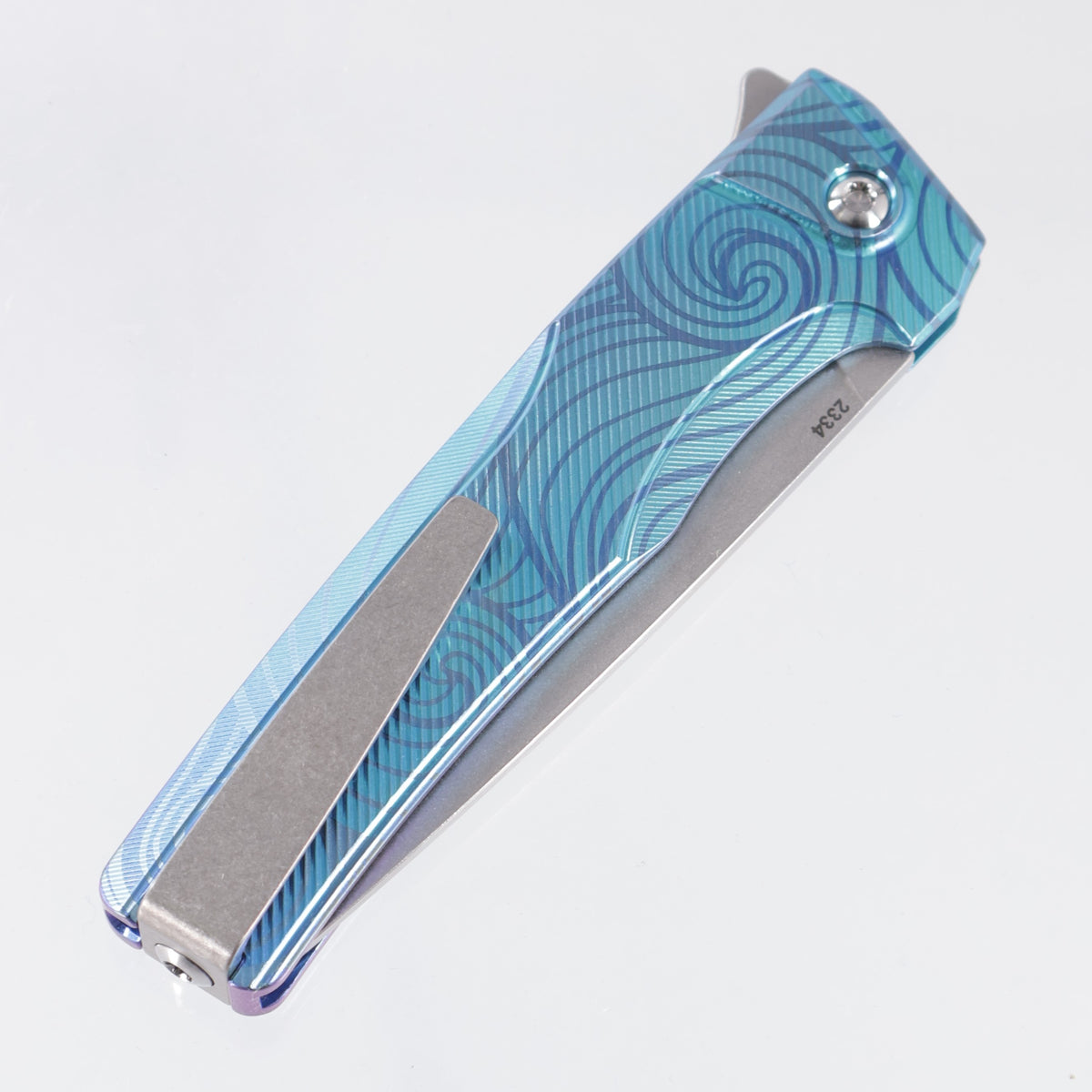 Machine Wise Sonora #2334 - Aqua & Blurple Spiral Ano Fine Step Texture Titanium w/ Ti Bolster - Stonewash S90V