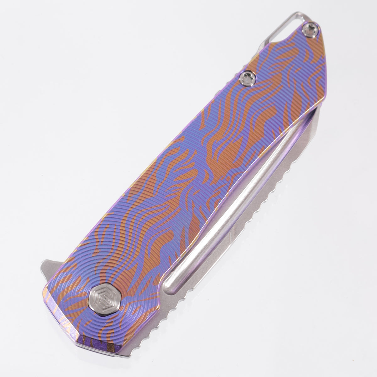 Machine Wise Mojave #1543 - Purple & Rose Gold Flames Ano Epicenter Texture Titanium - Stonewash S90V