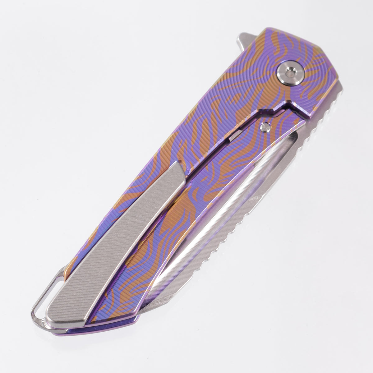 Machine Wise Mojave #1543 - Purple & Rose Gold Flames Ano Epicenter Texture Titanium - Stonewash S90V