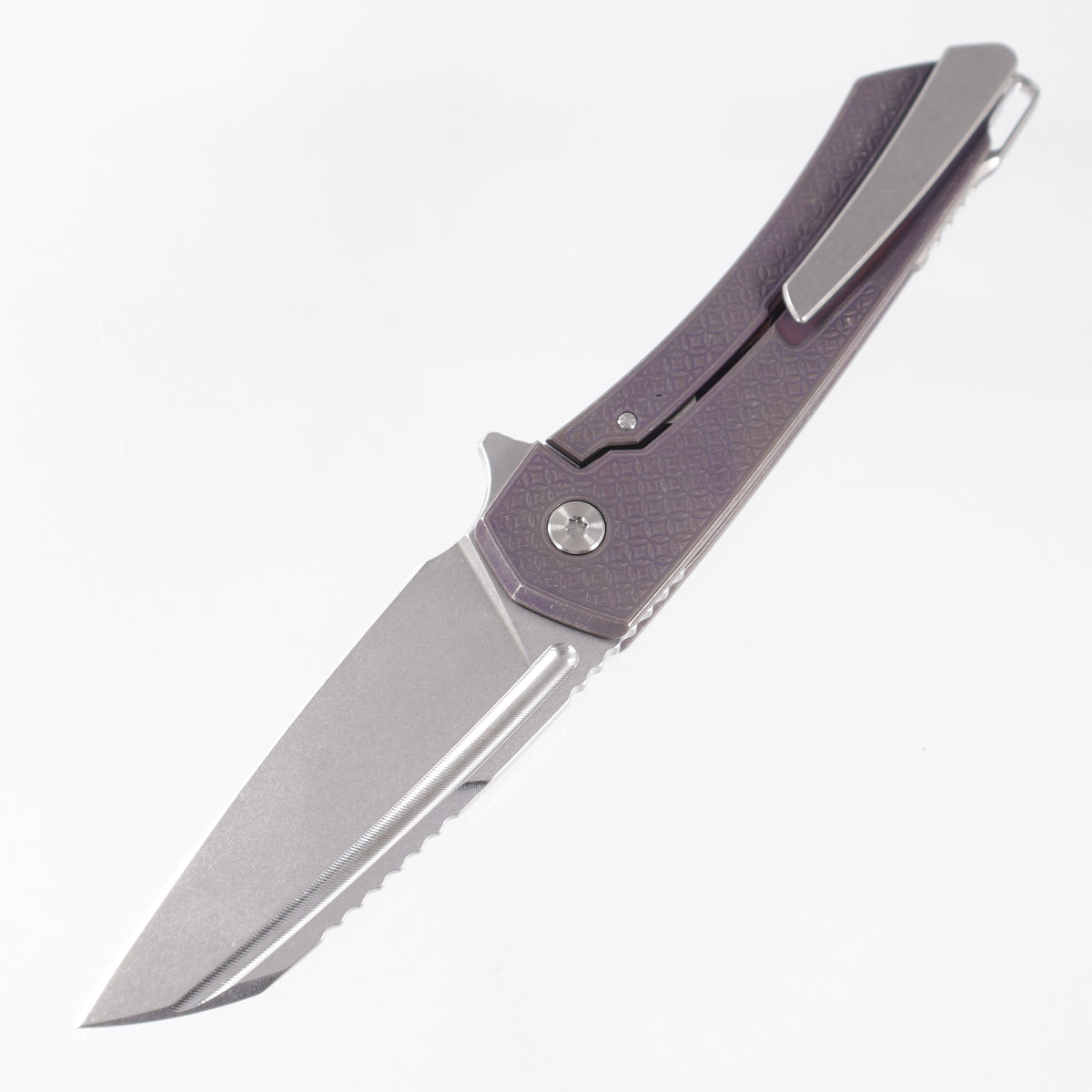 Machine Wise Mojave #1604 - Distressed Plum Purple Mosaic Texture Titanium w/ Lanyard Loop Backspacer - Stonewash S60V