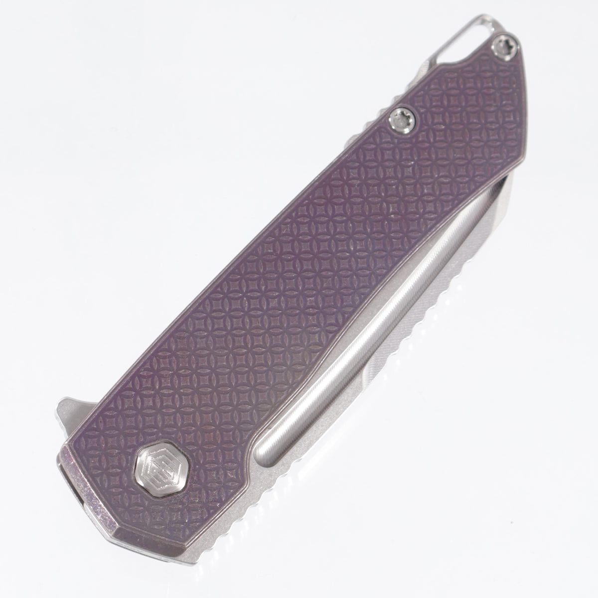 Machine Wise Mojave #1604 - Distressed Plum Purple Mosaic Texture Titanium w/ Lanyard Loop Backspacer - Stonewash S60V