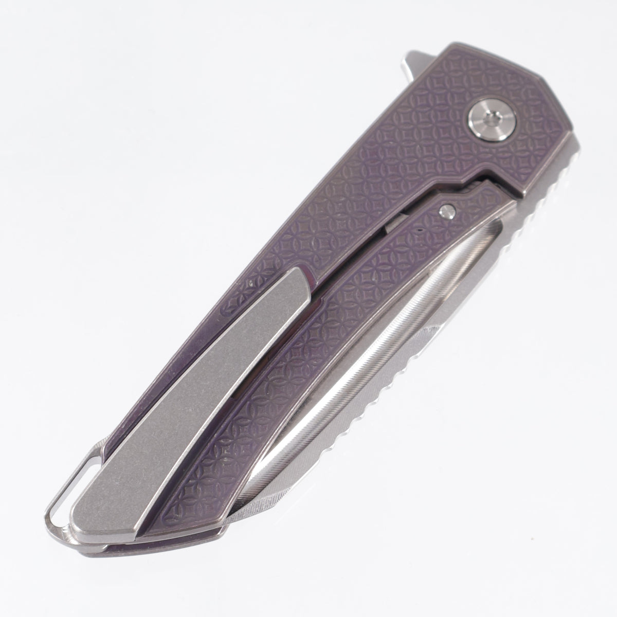 Machine Wise Mojave #1604 - Distressed Plum Purple Mosaic Texture Titanium w/ Lanyard Loop Backspacer - Stonewash S60V