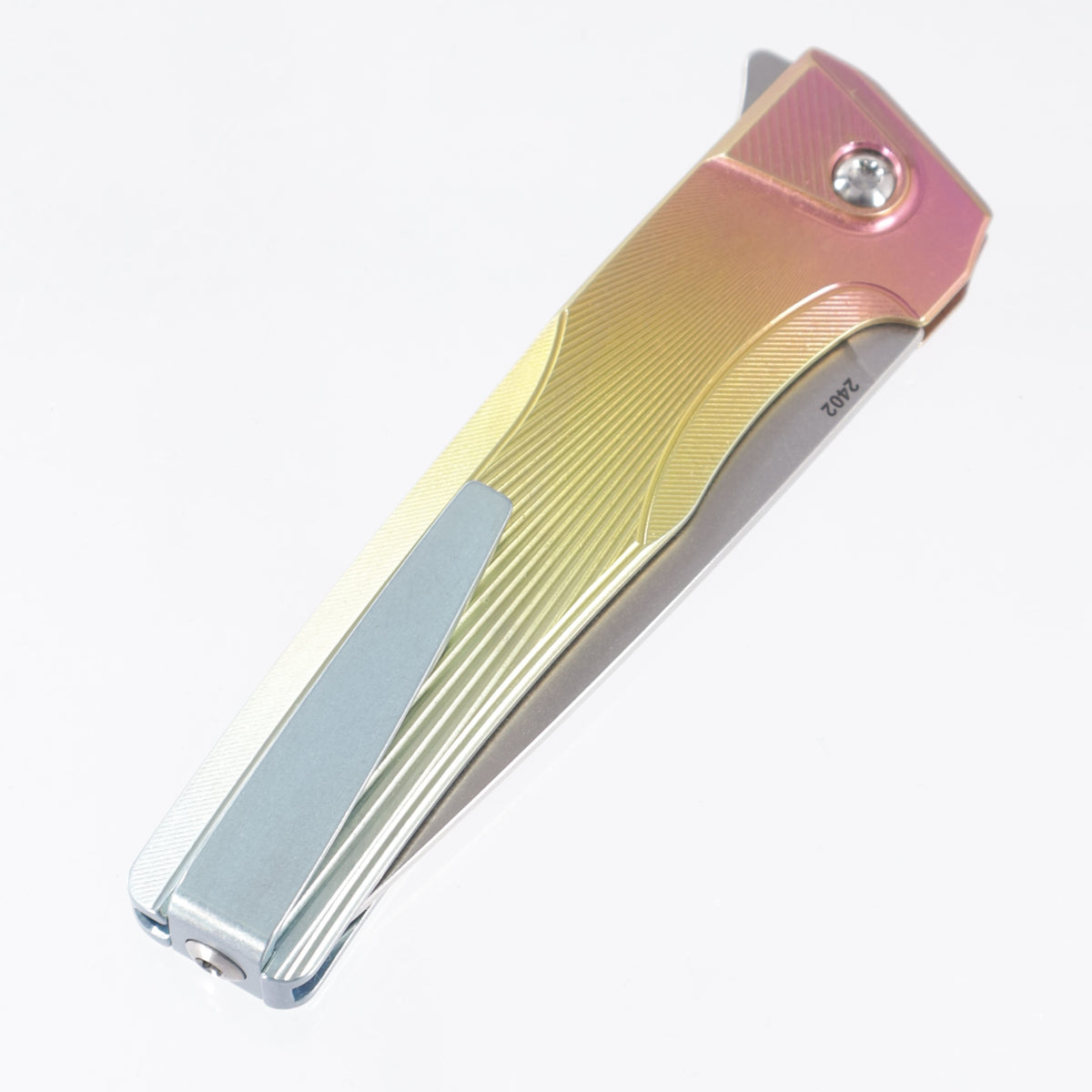 Machine Wise Sonora #2402 - Pink, Gold & Powder Blue Ano Sunray Texture Titanium w/ Ti Bolster - Stonewash S90V