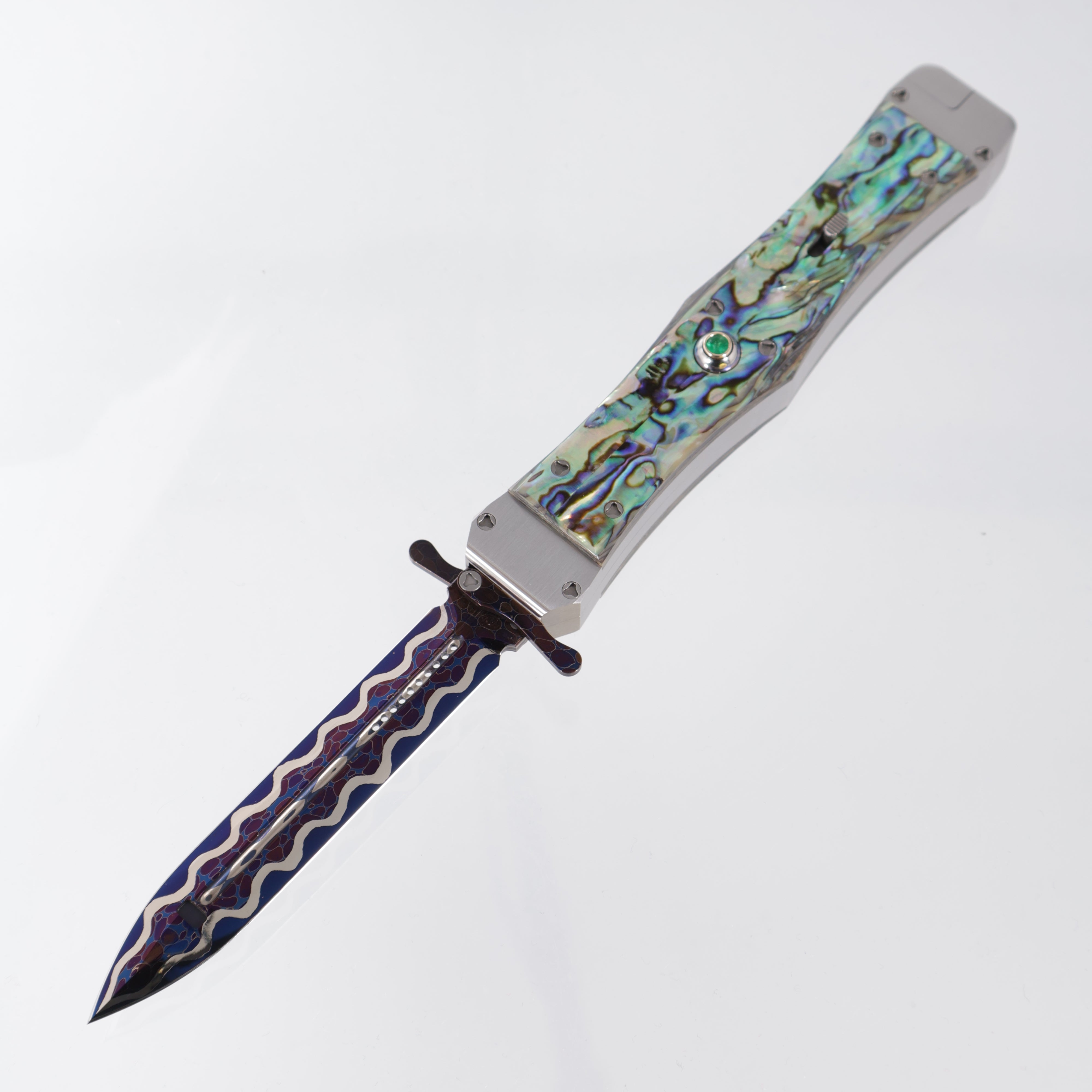 Tony Marfione Masterpiece - Blued Bertie Rietveld Dragonskin Damascus Hand Ground Blade & Swing Guards - Emerald Button Inlay Set in 18K Gold - Satin Finished Stainless Steel Chassis w/ Abalone Inlays - Double Vapor Blast Stainless Steel Hardware