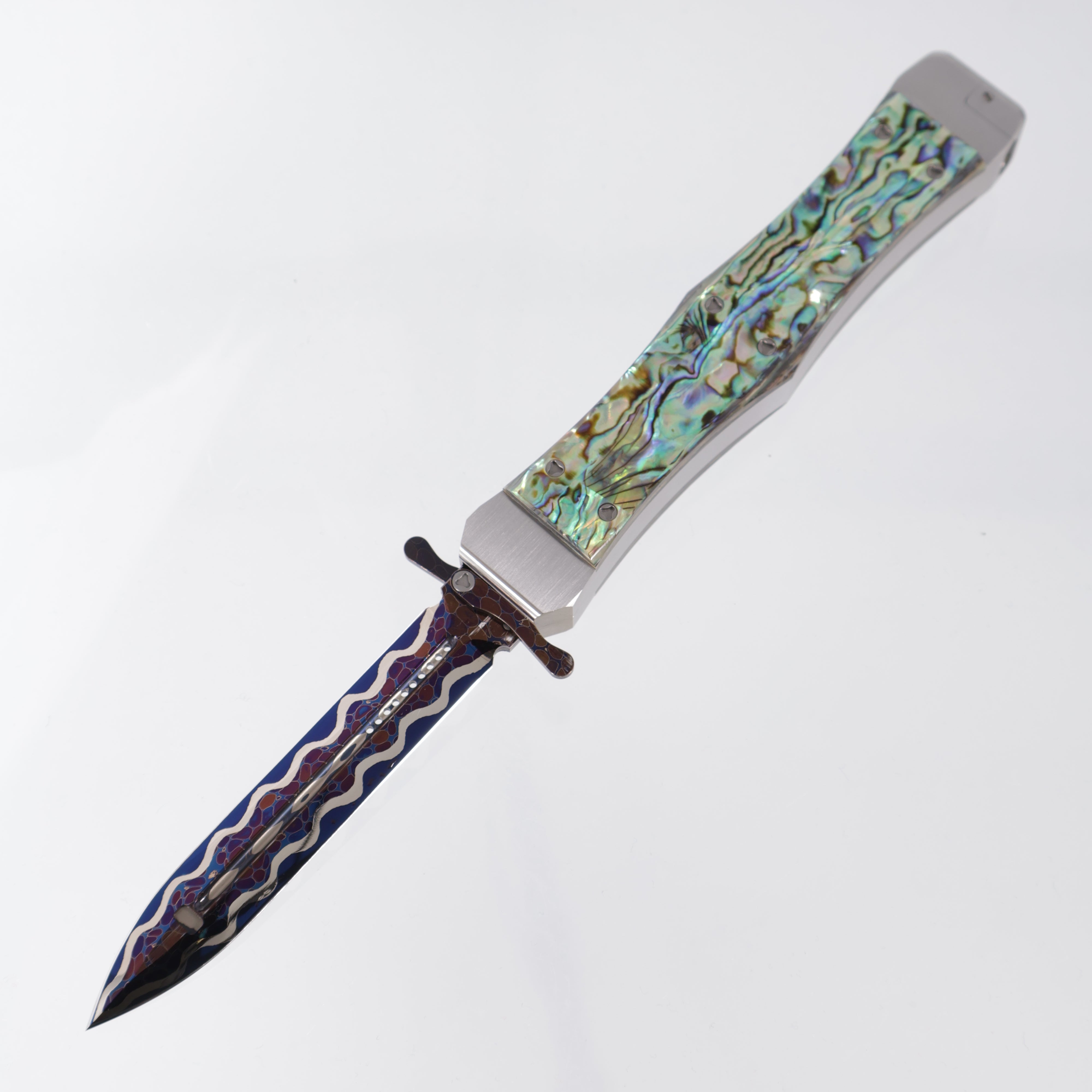 Tony Marfione Masterpiece - Blued Bertie Rietveld Dragonskin Damascus Hand Ground Blade & Swing Guards - Emerald Button Inlay Set in 18K Gold - Satin Finished Stainless Steel Chassis w/ Abalone Inlays - Double Vapor Blast Stainless Steel Hardware