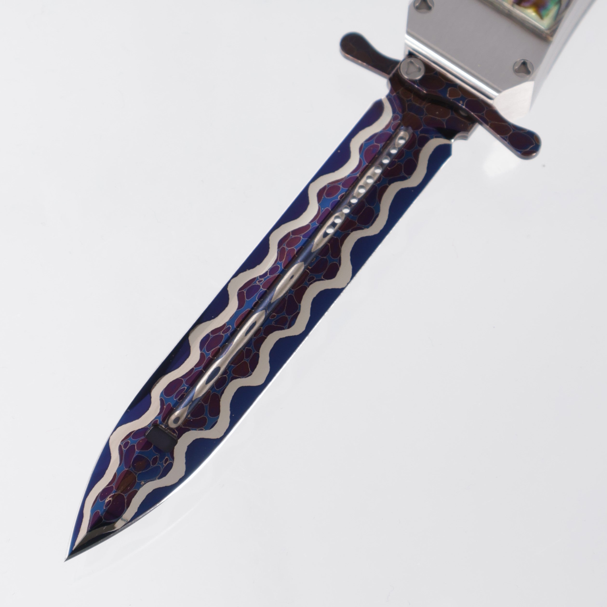 Tony Marfione Masterpiece - Blued Bertie Rietveld Dragonskin Damascus Hand Ground Blade & Swing Guards - Emerald Button Inlay Set in 18K Gold - Satin Finished Stainless Steel Chassis w/ Abalone Inlays - Double Vapor Blast Stainless Steel Hardware