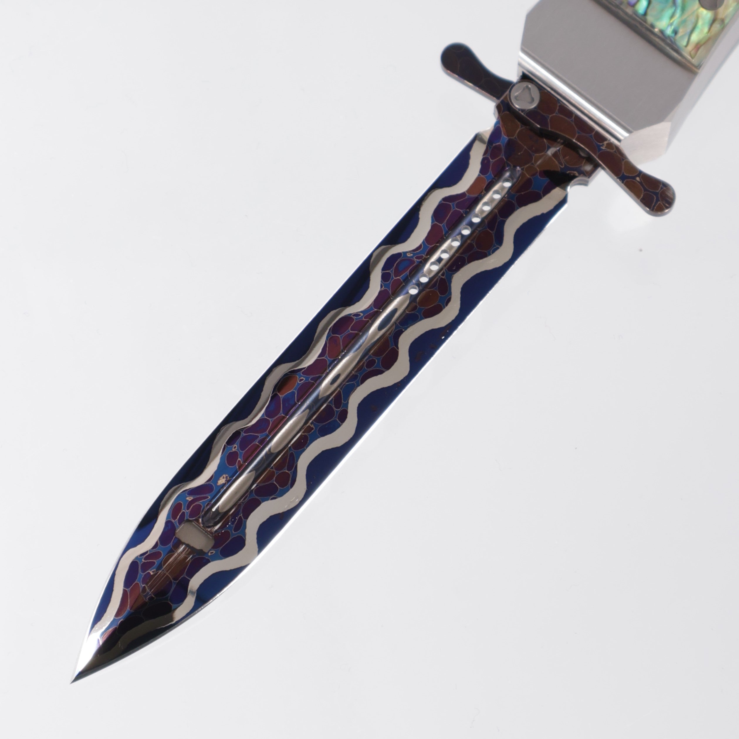 Tony Marfione Masterpiece - Blued Bertie Rietveld Dragonskin Damascus Hand Ground Blade & Swing Guards - Emerald Button Inlay Set in 18K Gold - Satin Finished Stainless Steel Chassis w/ Abalone Inlays - Double Vapor Blast Stainless Steel Hardware