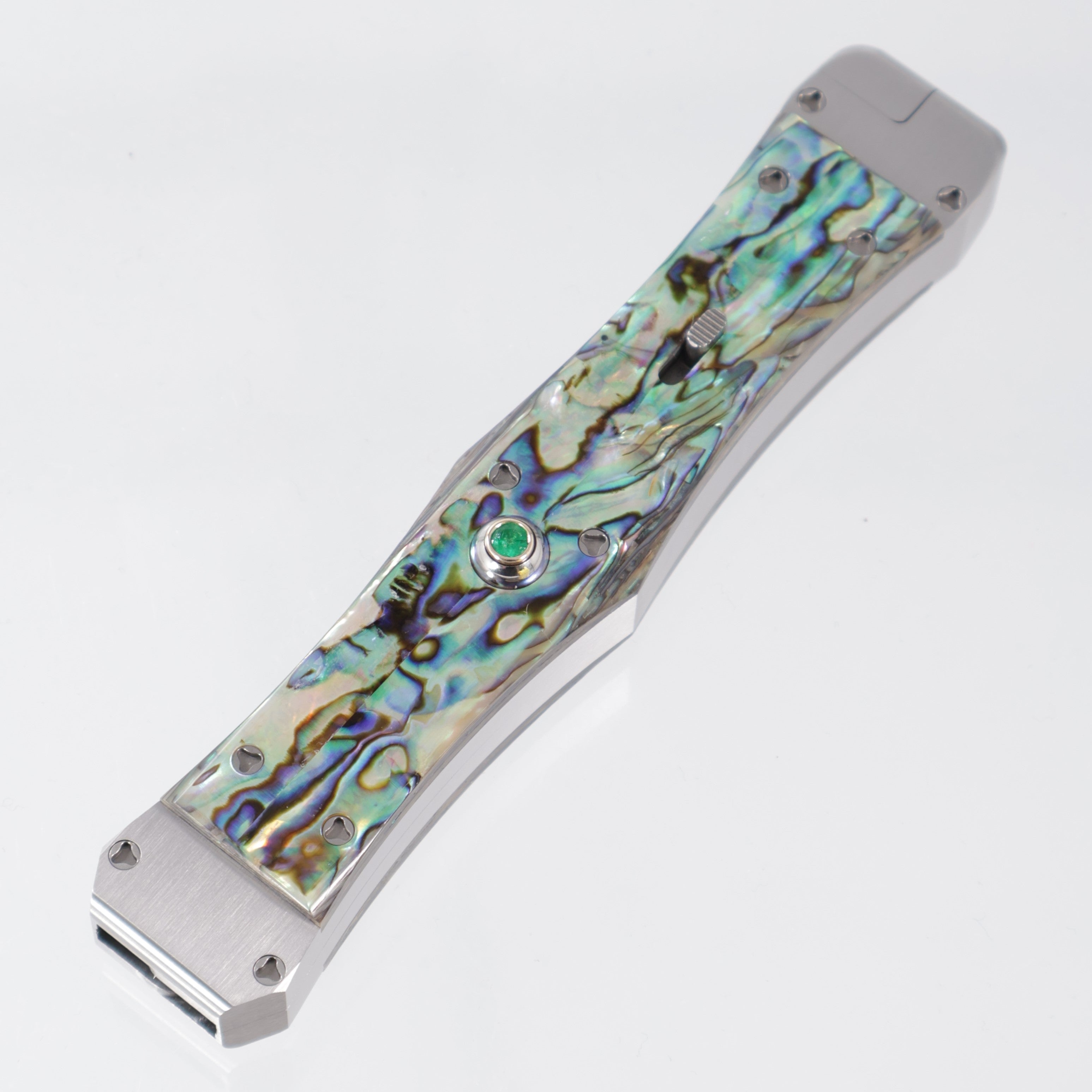Tony Marfione Masterpiece - Blued Bertie Rietveld Dragonskin Damascus Hand Ground Blade & Swing Guards - Emerald Button Inlay Set in 18K Gold - Satin Finished Stainless Steel Chassis w/ Abalone Inlays - Double Vapor Blast Stainless Steel Hardware