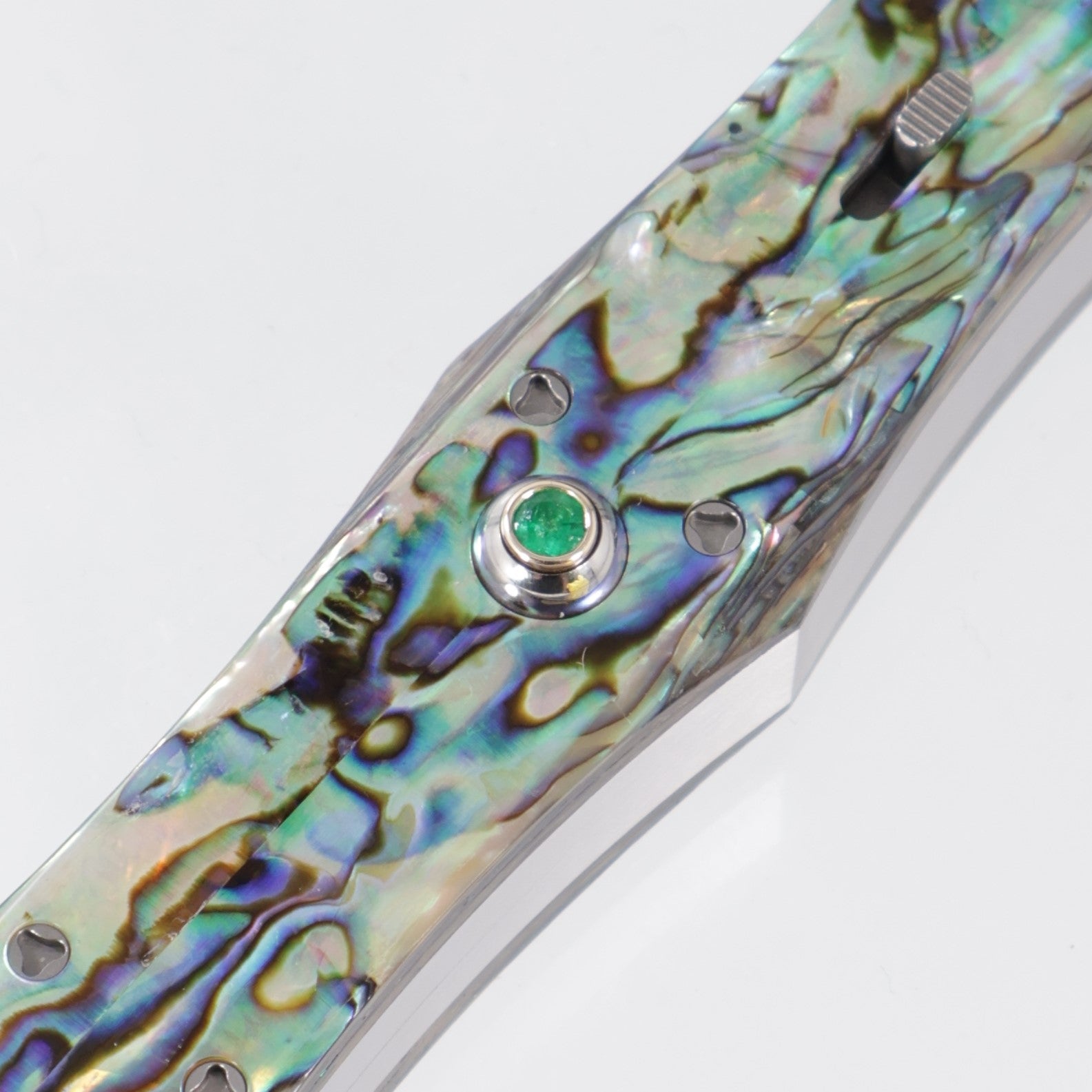 Tony Marfione Masterpiece - Blued Bertie Rietveld Dragonskin Damascus Hand Ground Blade & Swing Guards - Emerald Button Inlay Set in 18K Gold - Satin Finished Stainless Steel Chassis w/ Abalone Inlays - Double Vapor Blast Stainless Steel Hardware