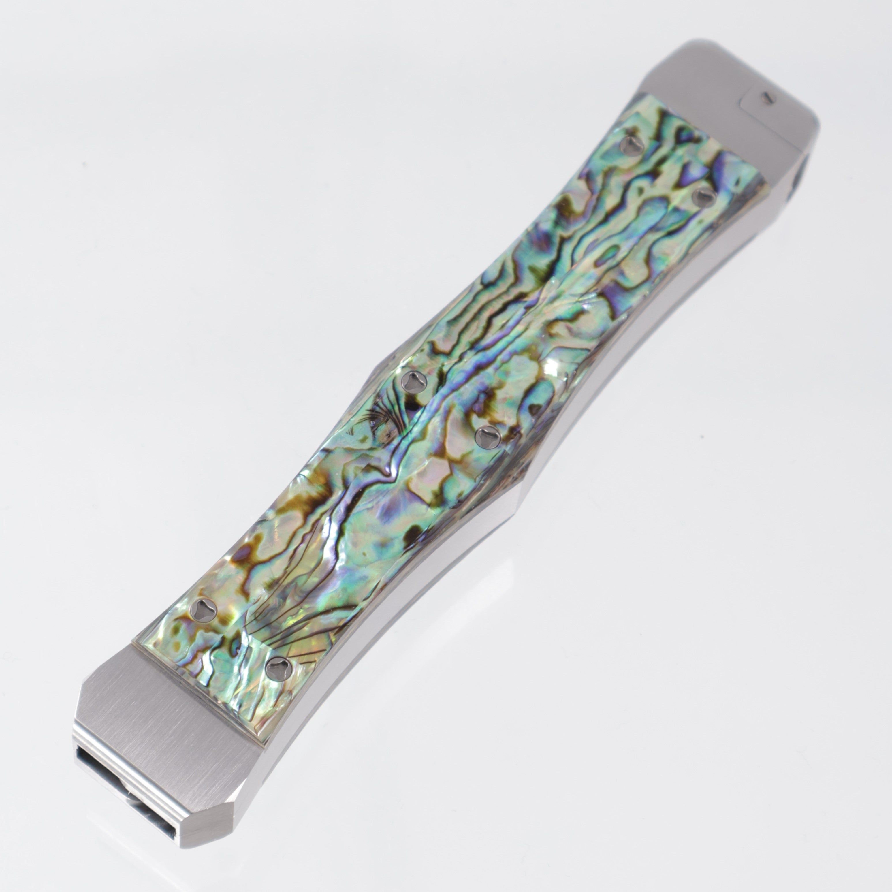 Tony Marfione Masterpiece - Blued Bertie Rietveld Dragonskin Damascus Hand Ground Blade & Swing Guards - Emerald Button Inlay Set in 18K Gold - Satin Finished Stainless Steel Chassis w/ Abalone Inlays - Double Vapor Blast Stainless Steel Hardware