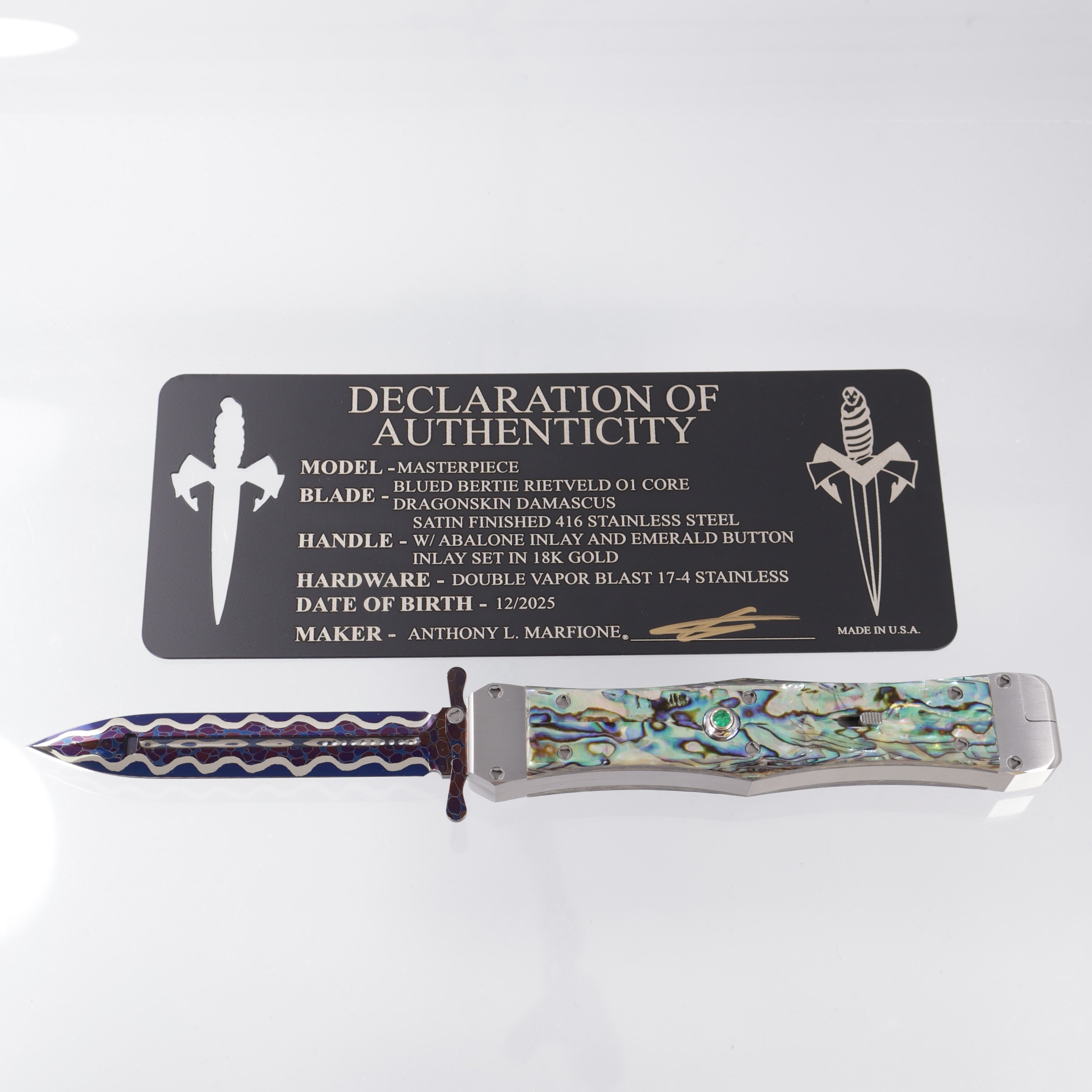 Tony Marfione Masterpiece - Blued Bertie Rietveld Dragonskin Damascus Hand Ground Blade & Swing Guards - Emerald Button Inlay Set in 18K Gold - Satin Finished Stainless Steel Chassis w/ Abalone Inlays - Double Vapor Blast Stainless Steel Hardware