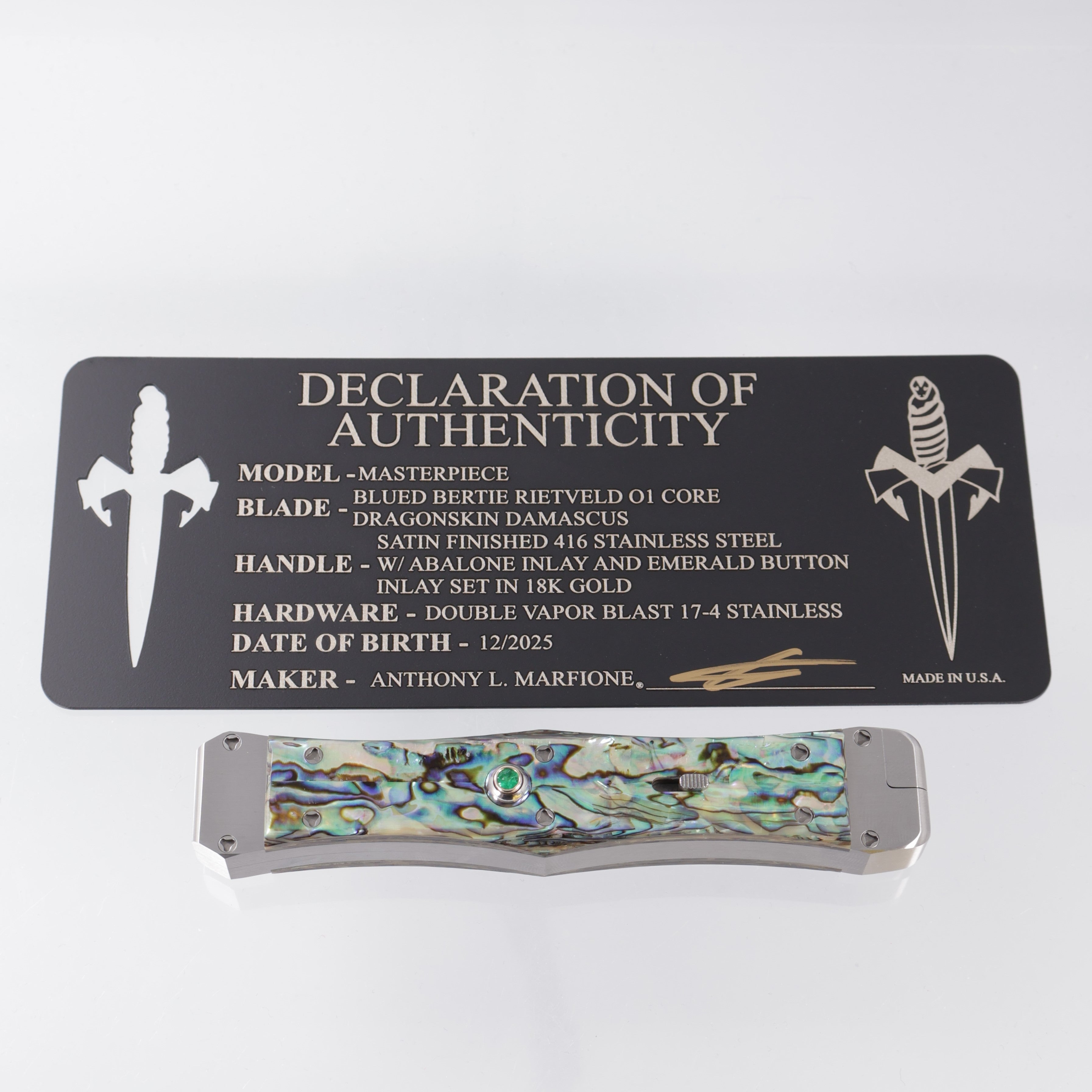 Tony Marfione Masterpiece - Blued Bertie Rietveld Dragonskin Damascus Hand Ground Blade & Swing Guards - Emerald Button Inlay Set in 18K Gold - Satin Finished Stainless Steel Chassis w/ Abalone Inlays - Double Vapor Blast Stainless Steel Hardware