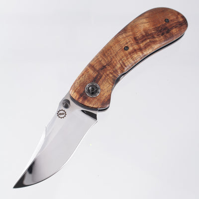 W. Guinn Knives Bezalel Bowie Folder - Stabilized Hawaiian Curly Koa Wood w/ Timascus Backspacer & Clip - Mirror Polish AEB-L