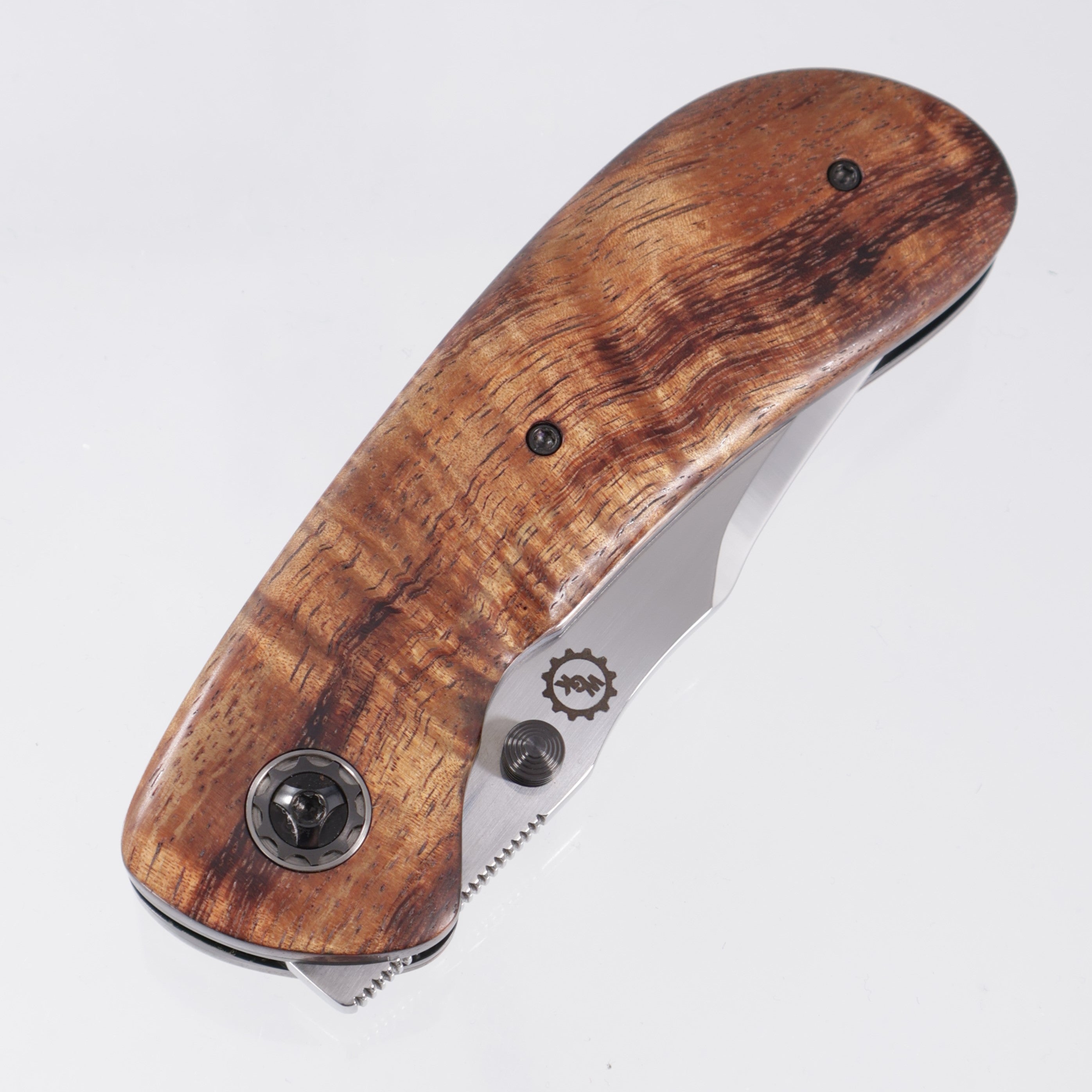 W. Guinn Knives Bezalel Bowie Folder - Stabilized Hawaiian Curly Koa Wood w/ Timascus Backspacer & Clip - Mirror Polish AEB-L