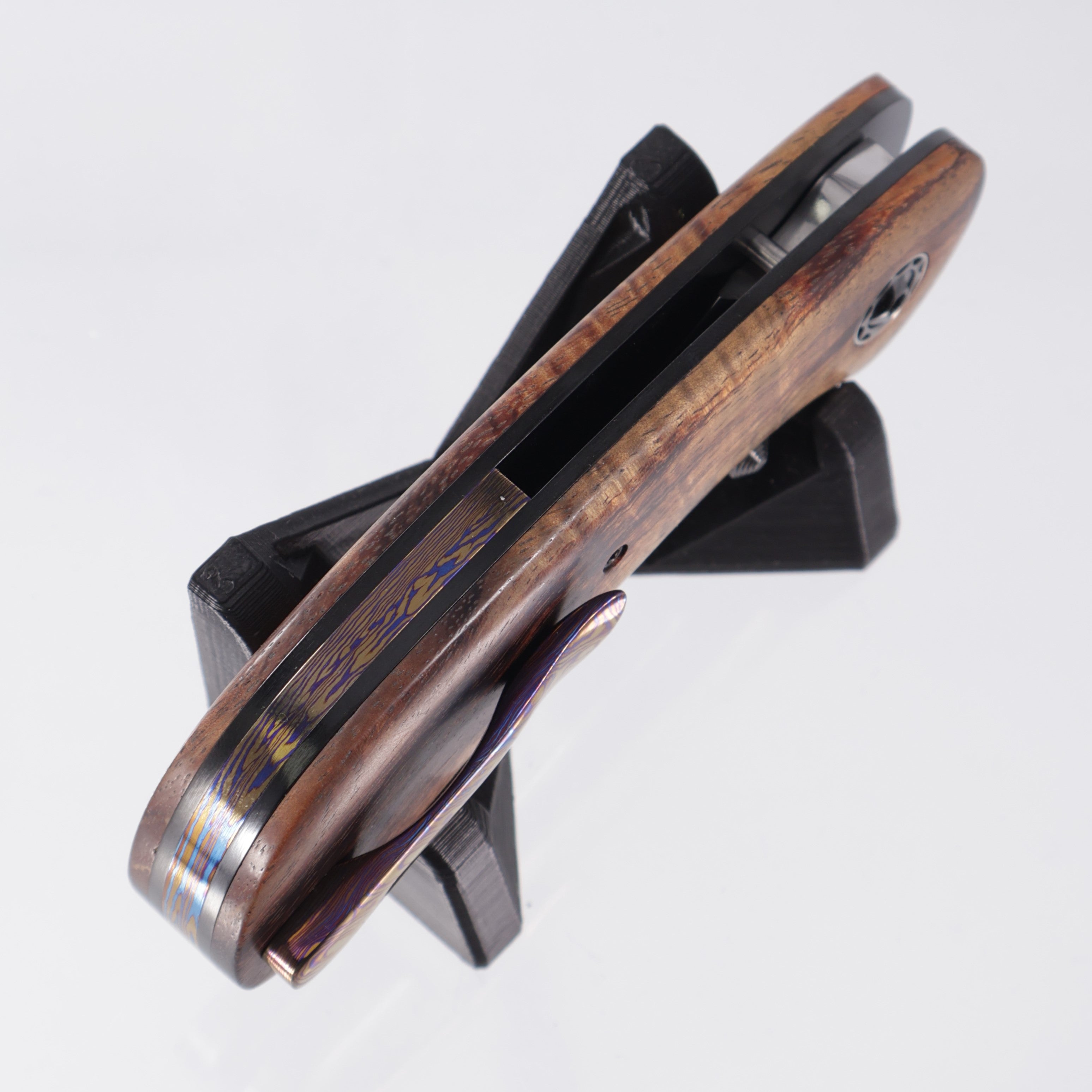 W. Guinn Knives Bezalel Bowie Folder - Stabilized Hawaiian Curly Koa Wood w/ Timascus Backspacer & Clip - Mirror Polish AEB-L