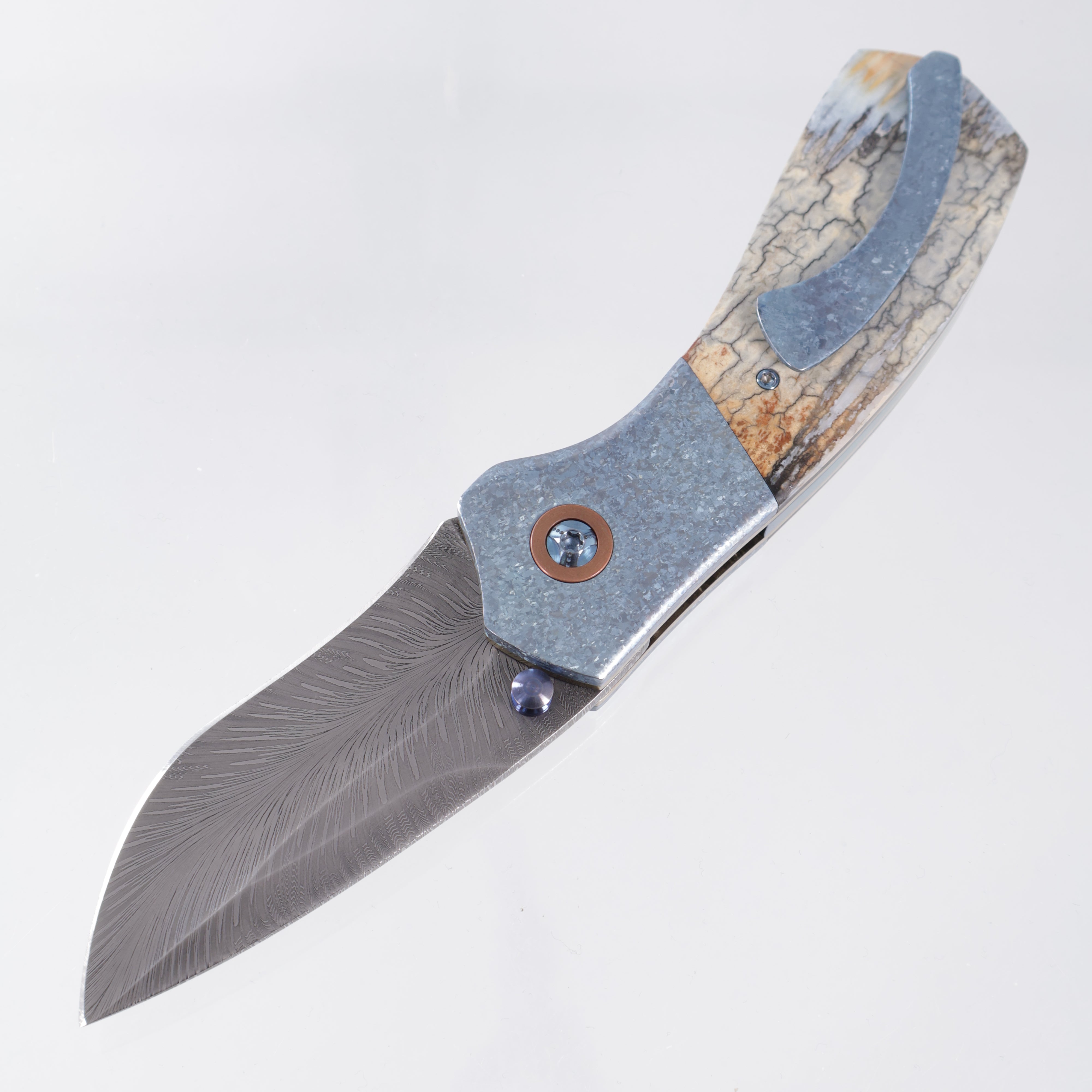 W. Guinn Knives Ebenezer Folder #5 - Ice Blue Crystalized Titanium & Mammoth w/ Copper Pivot Collars - Bulldog Thunder Chicken Damascus
