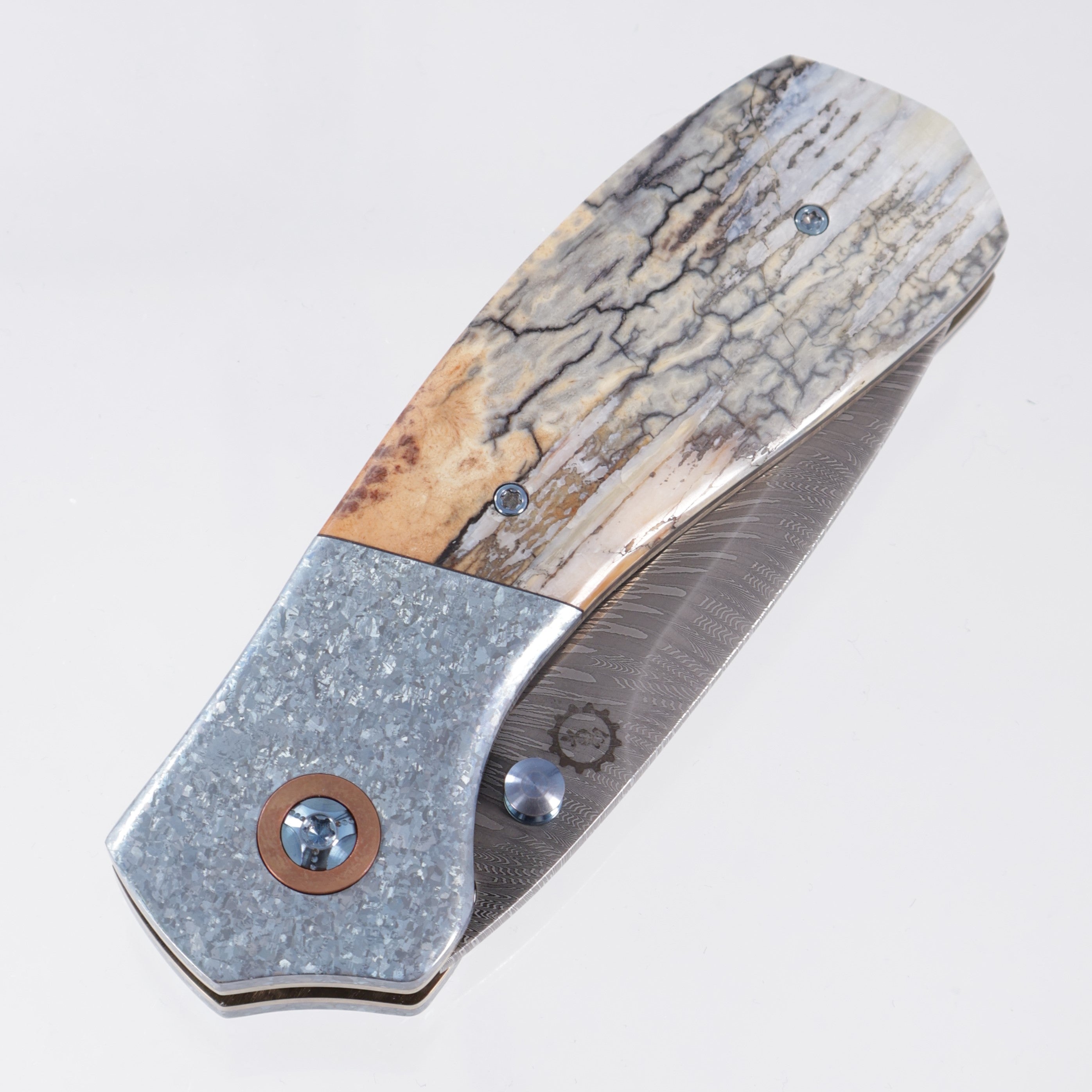 W. Guinn Knives Ebenezer Folder #5 - Ice Blue Crystalized Titanium & Mammoth w/ Copper Pivot Collars - Bulldog Thunder Chicken Damascus