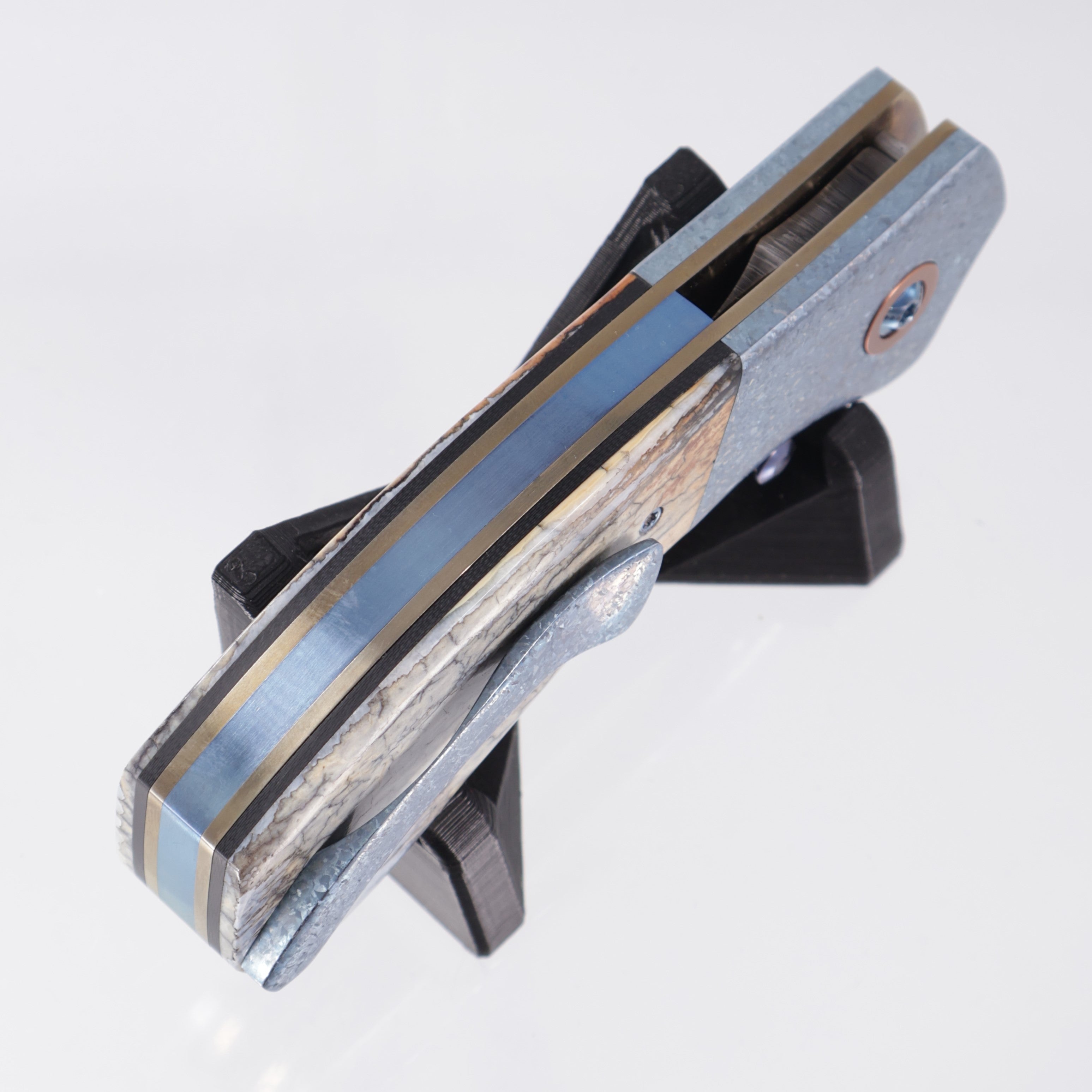 W. Guinn Knives Ebenezer Folder #5 - Ice Blue Crystalized Titanium & Mammoth w/ Copper Pivot Collars - Bulldog Thunder Chicken Damascus