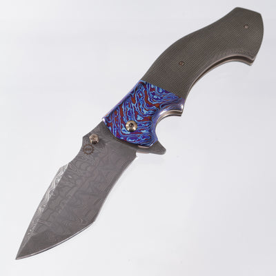 W. Guinn Knives Malakim #1 Folder - OD Green Canvas Micarta w/ Chevron Timascus Bolsters - Mike Norris Hornet's Nest Stainless Damascus Blade
