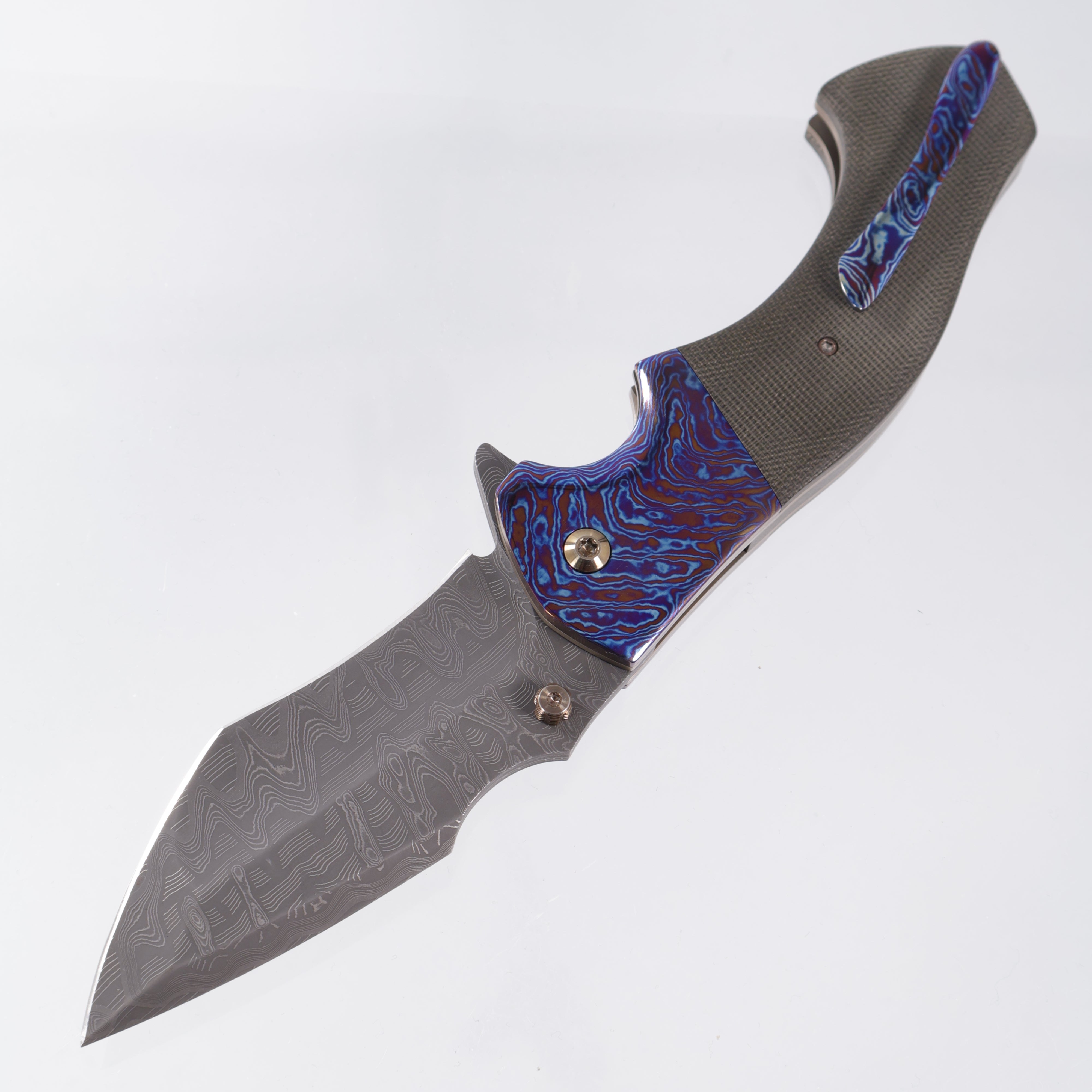 W. Guinn Knives Malakim #1 Folder - OD Green Canvas Micarta w/ Chevron Timascus Bolsters - Mike Norris Hornet's Nest Stainless Damascus Blade