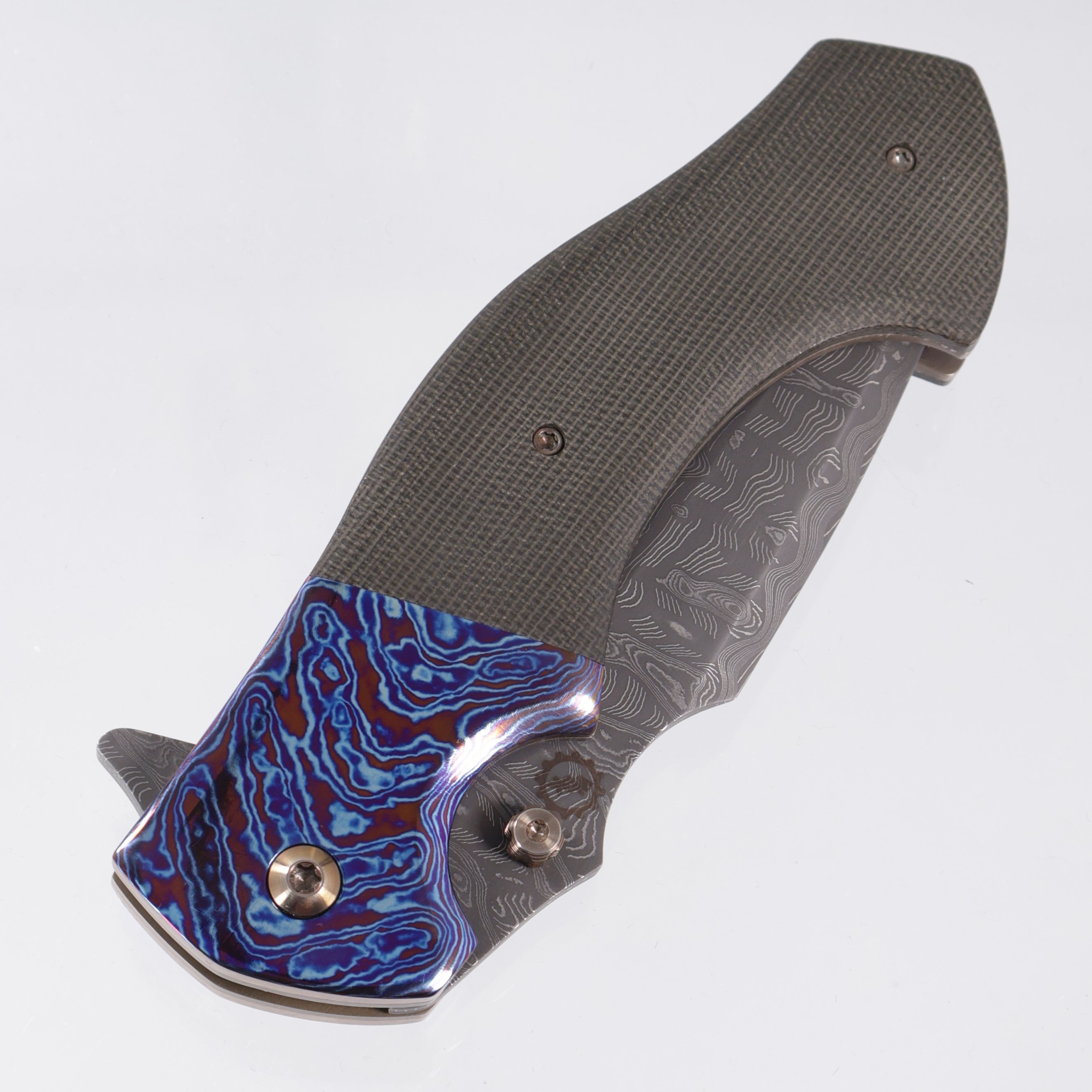 W. Guinn Knives Malakim #1 Folder - OD Green Canvas Micarta w/ Chevron Timascus Bolsters - Mike Norris Hornet's Nest Stainless Damascus Blade