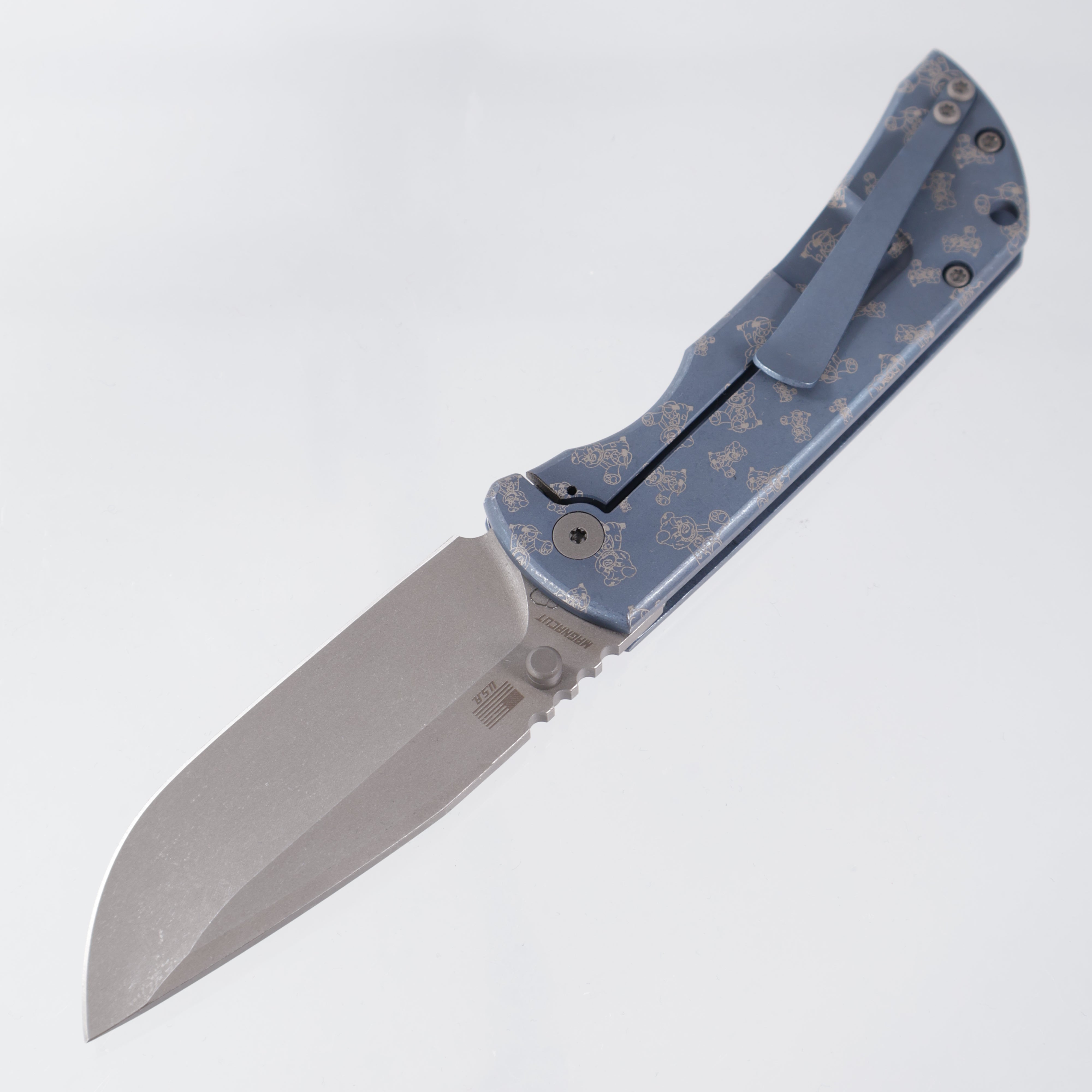 McNees PM Mac 2 3.5" Drop Point - Blue Ano w/ Chaos Snugglez Lasering - Atomic Stonewash Magnacut - BROP Exclusive