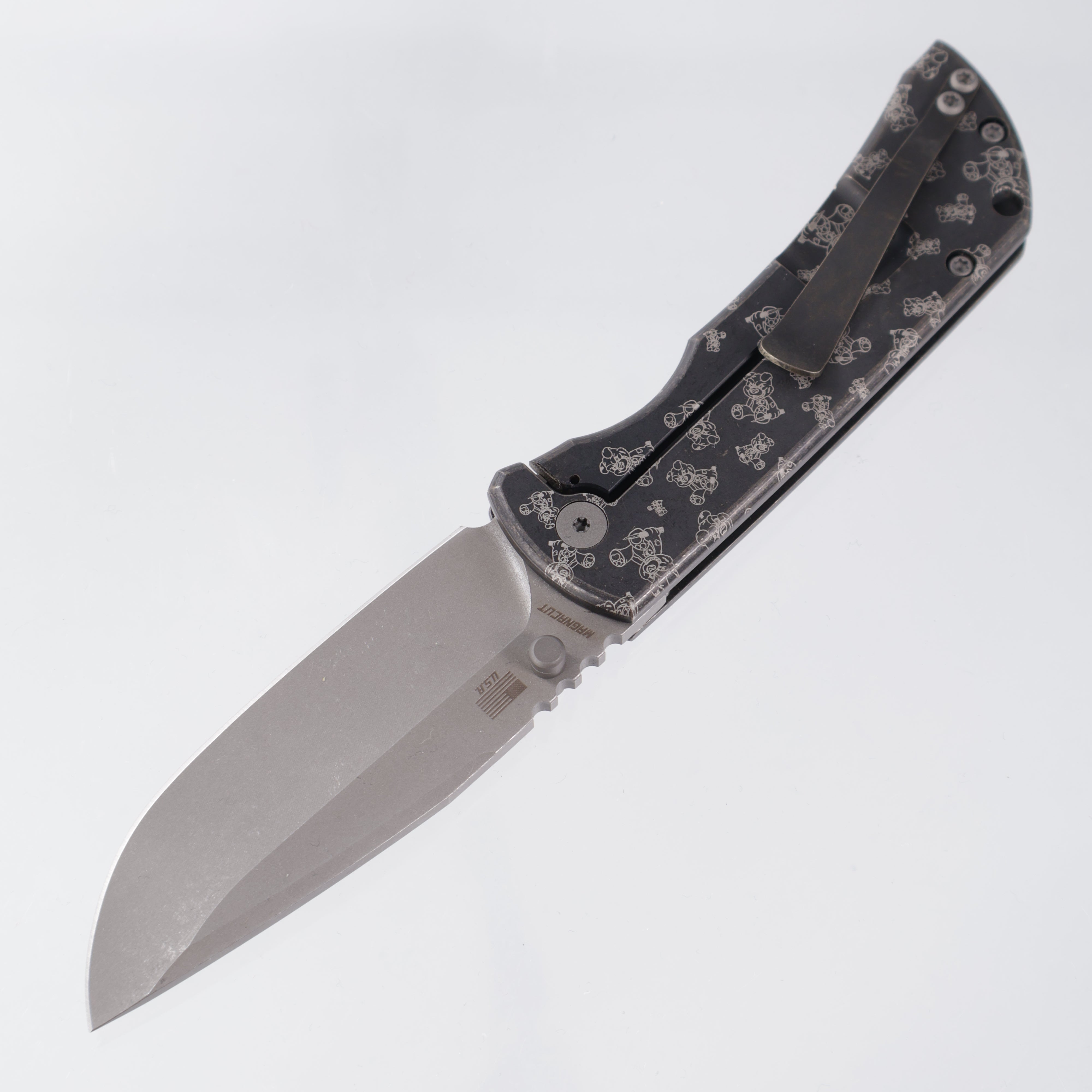 McNees PM Mac 2 3.5" Drop Point - Antiqued Black Ano w/ Chaos Snugglez Lasering - Atomic Stonewash Magnacut - BR-OP Exclusive