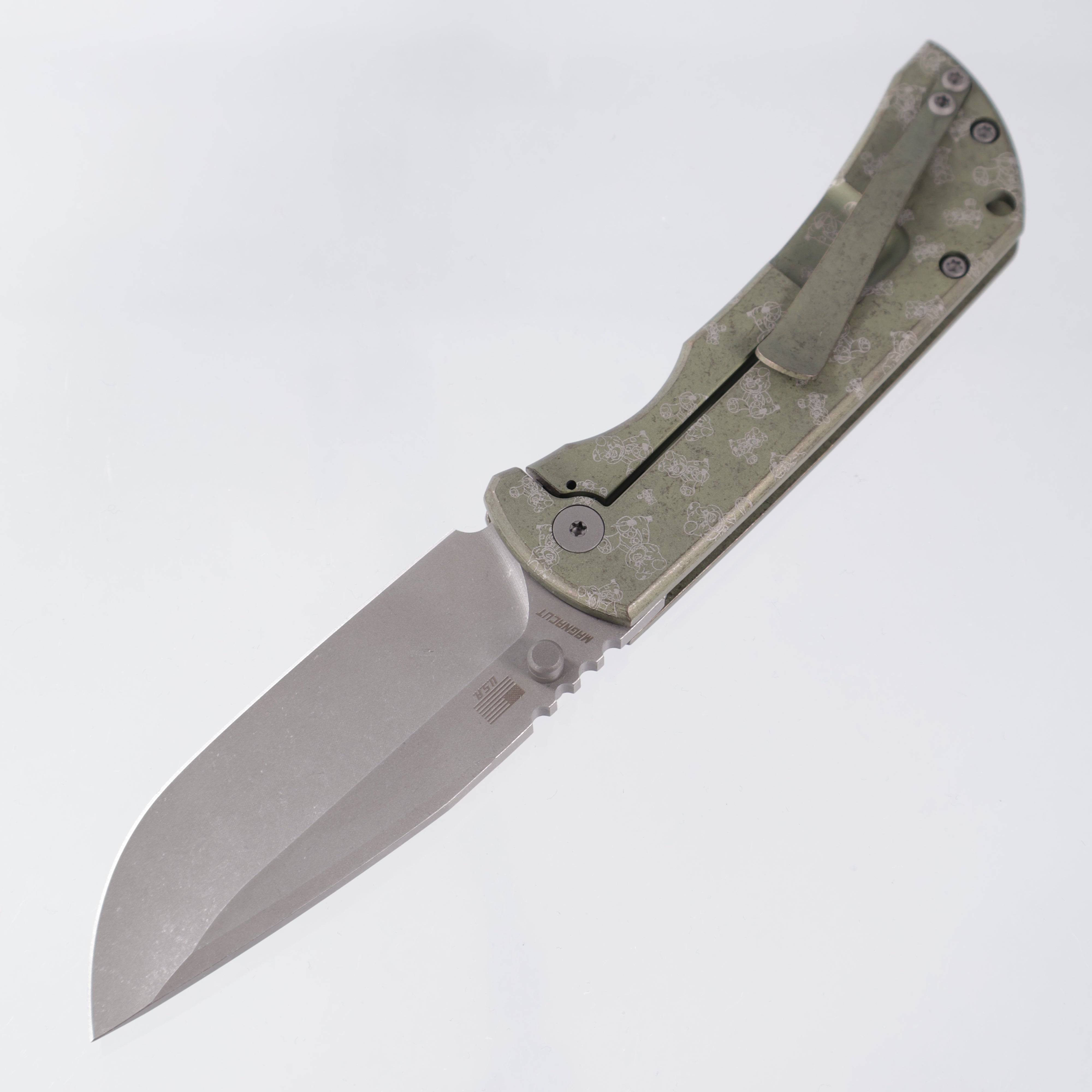 McNees PM Mac 2 3.5" Drop Point - Green/Bronze Ano w/ Chaos Snugglez Lasering - Atomic Stonewash Magnacut - BR-OP Exclusive