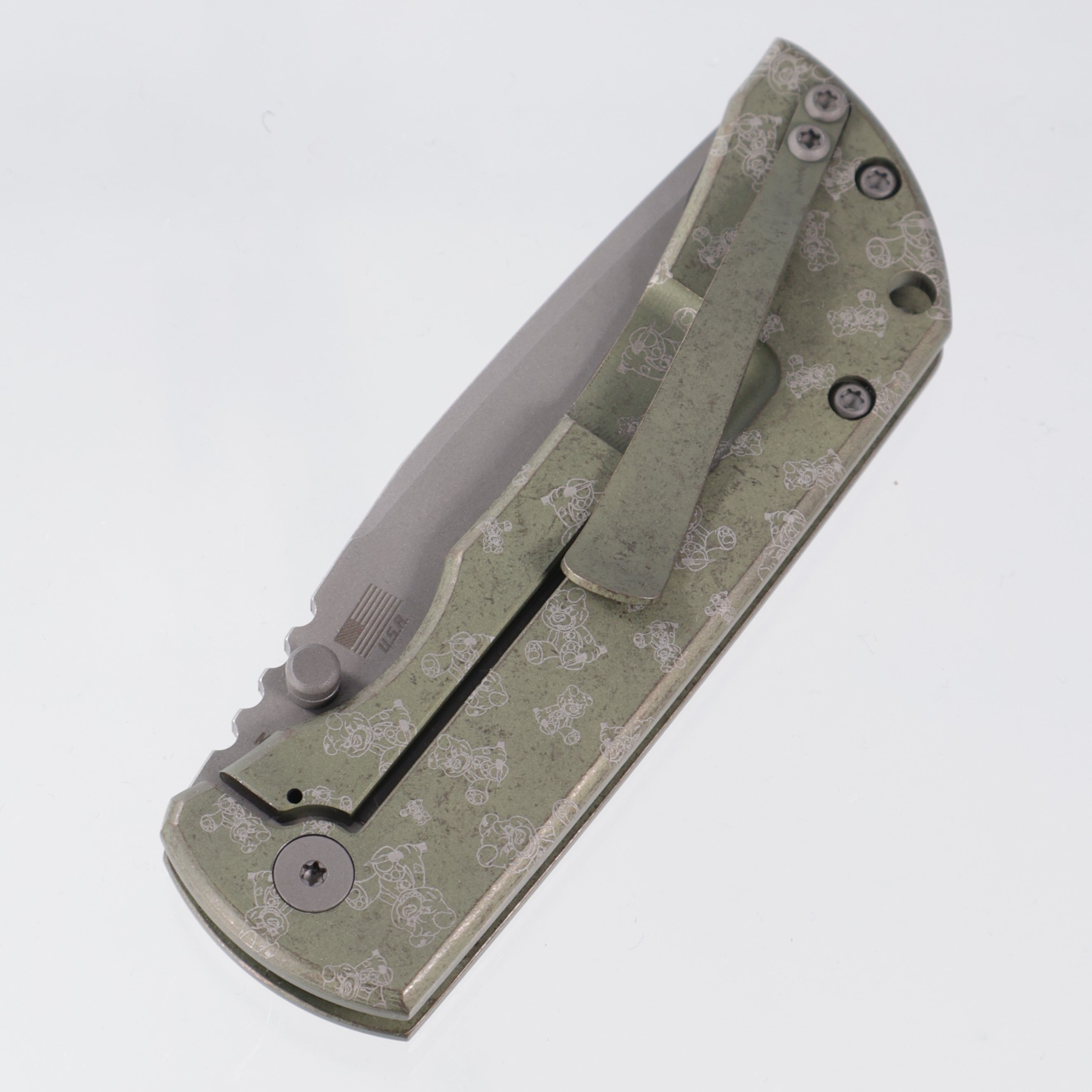 McNees PM Mac 2 3.5" Drop Point - Green/Bronze Ano w/ Chaos Snugglez Lasering - Atomic Stonewash Magnacut - BR-OP Exclusive