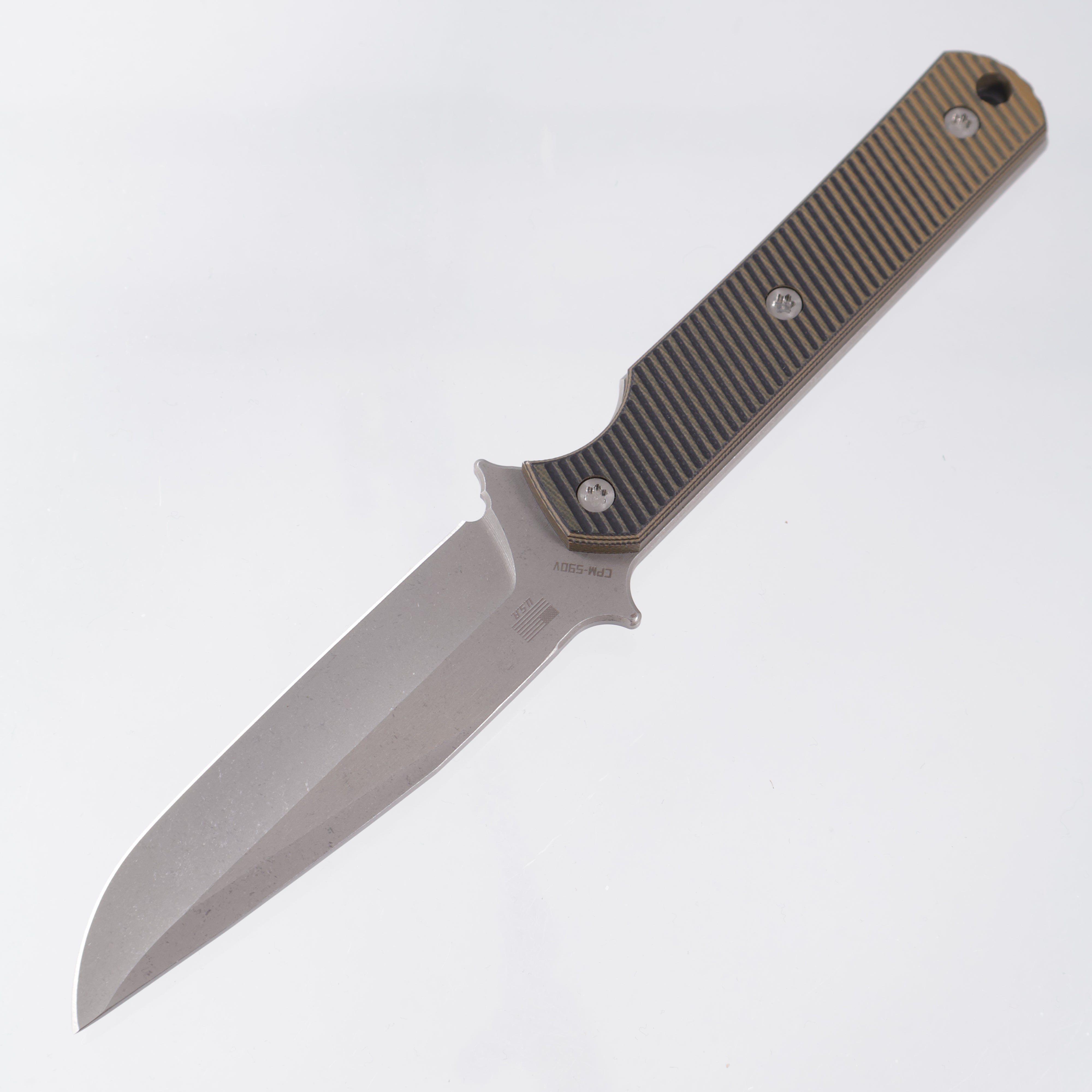McNees Stalker Fixed Blade - Tan/Black G10 - Atomic Stonewash S90V