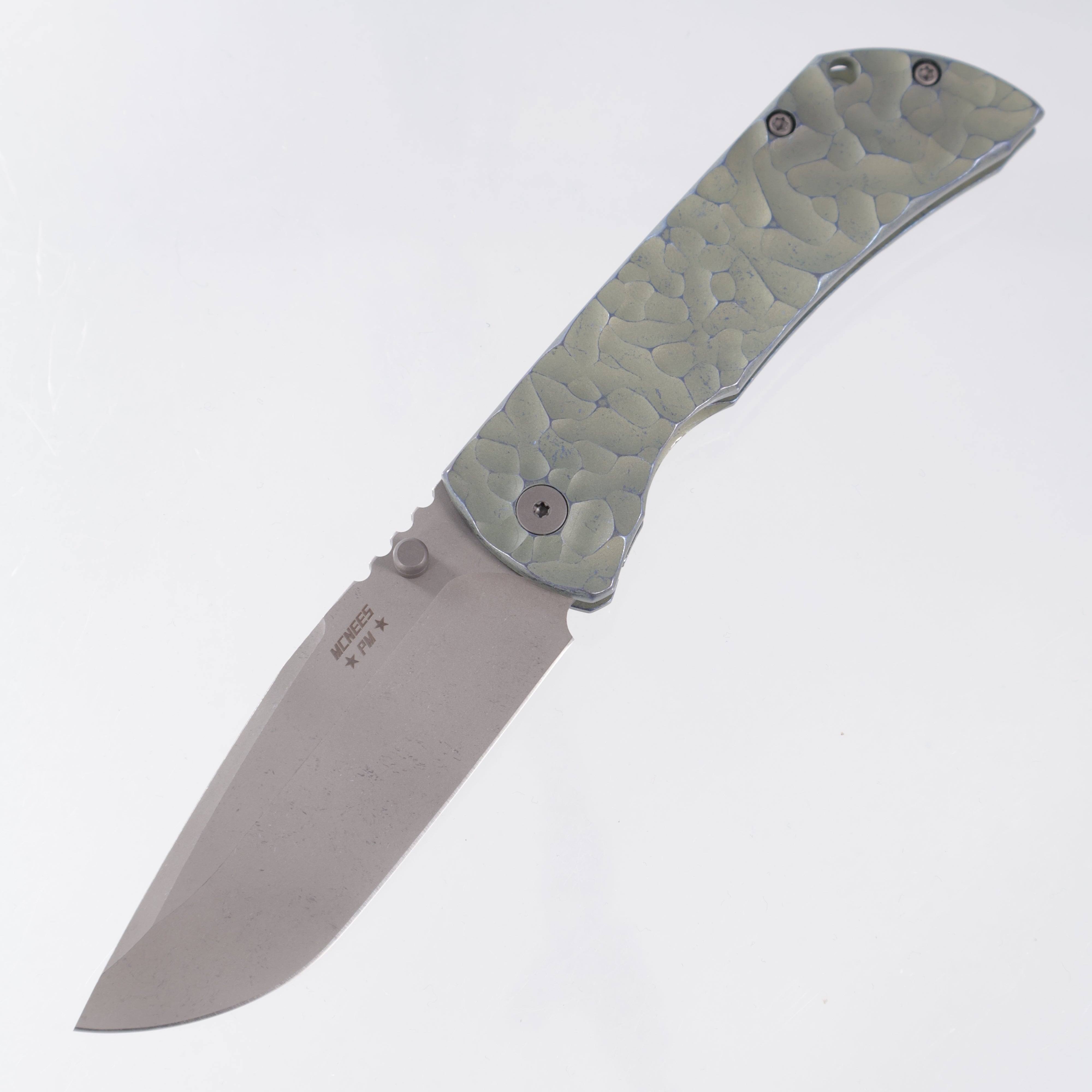 McNees PM Mac 2 3.5" Drop Point - Green/Blue Rocked Titanium - Atomic Stonewash Magnacut