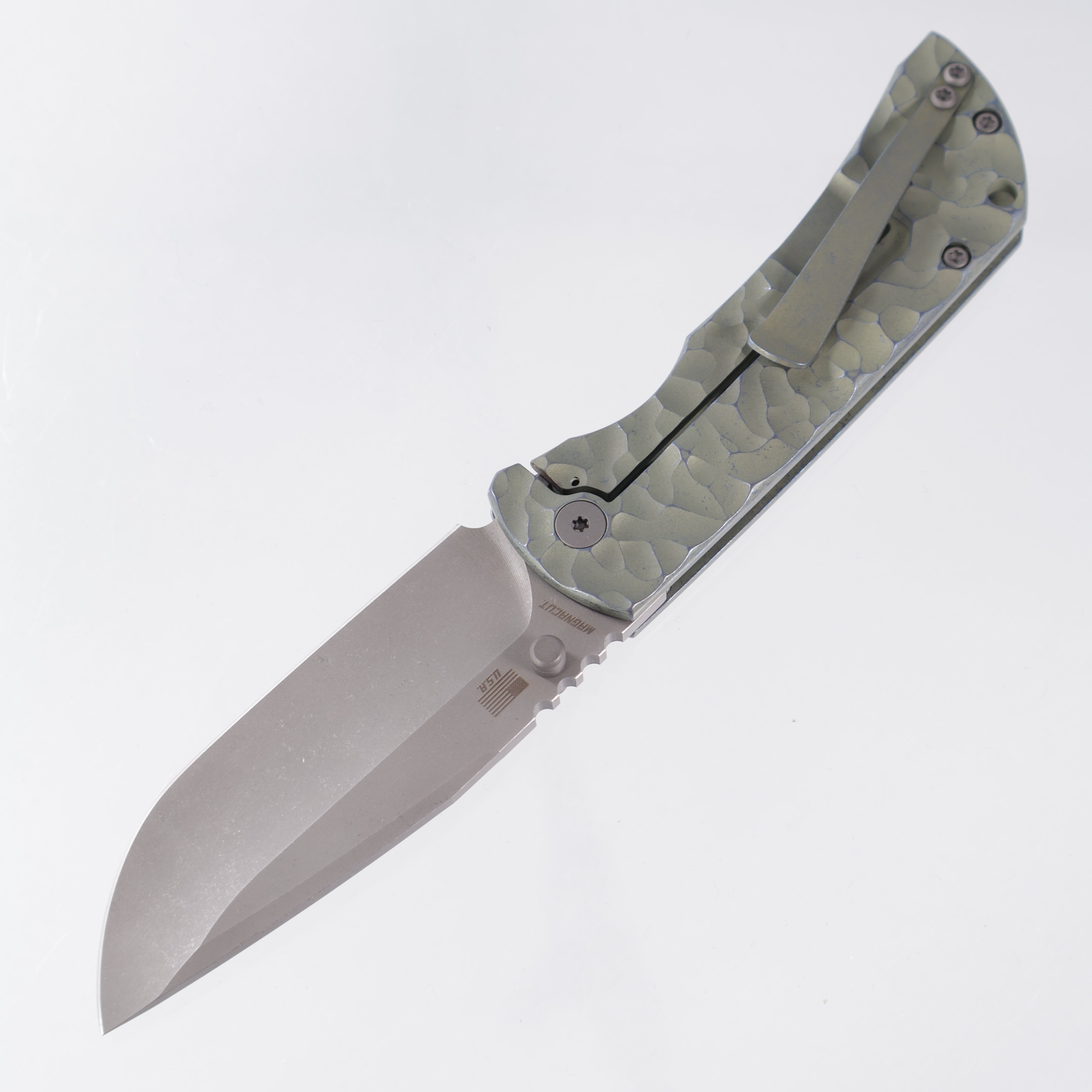 McNees PM Mac 2 3.5" Drop Point - Green/Blue Rocked Titanium - Atomic Stonewash Magnacut