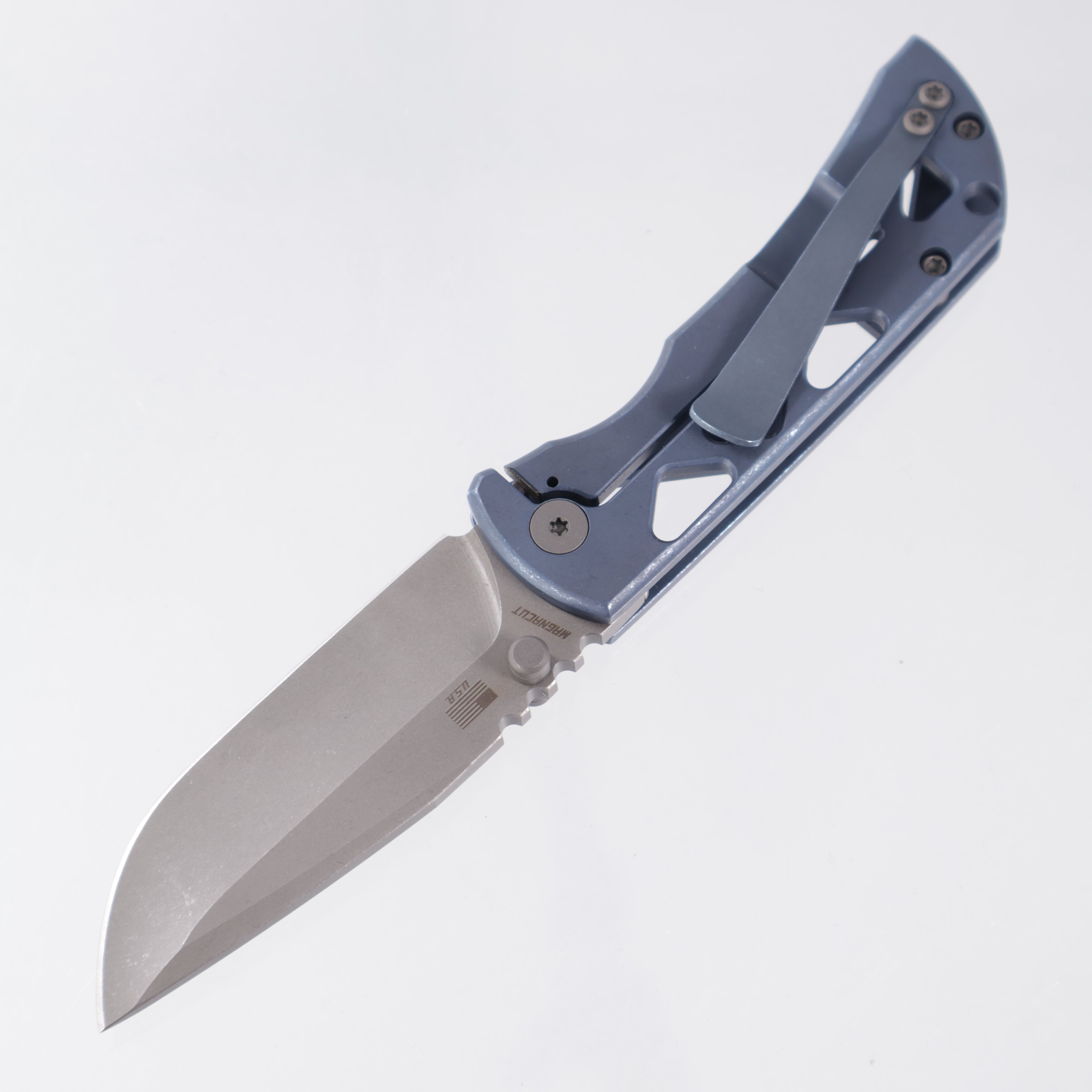 McNees PM Mac 2 3.0" Drop Point - Blue Skeletonized Titanium - Atomic Stonewash Magnacut