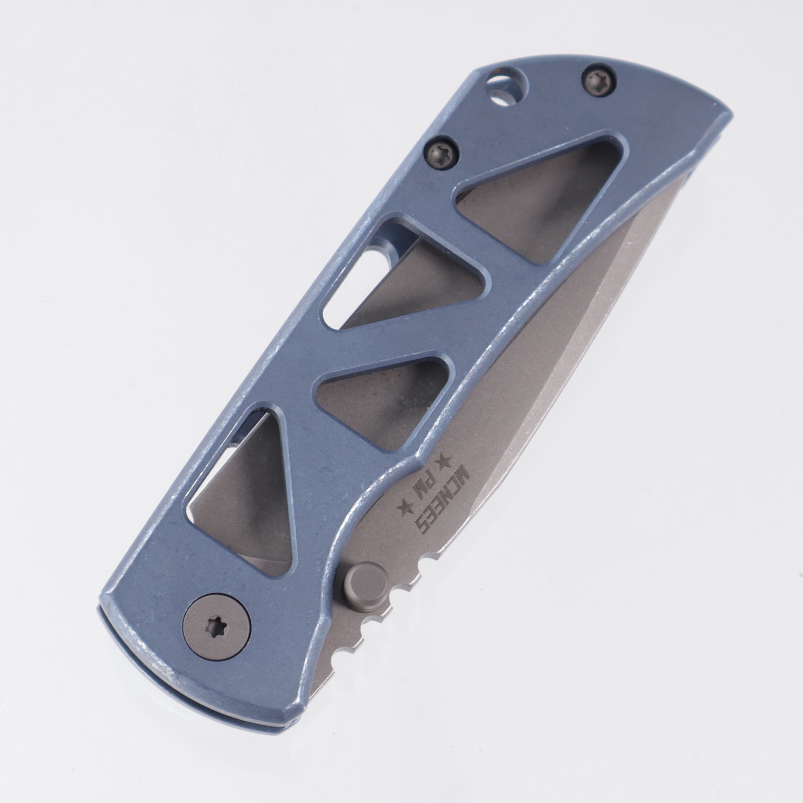 McNees PM Mac 2 3.0" Drop Point - Blue Skeletonized Titanium - Atomic Stonewash Magnacut