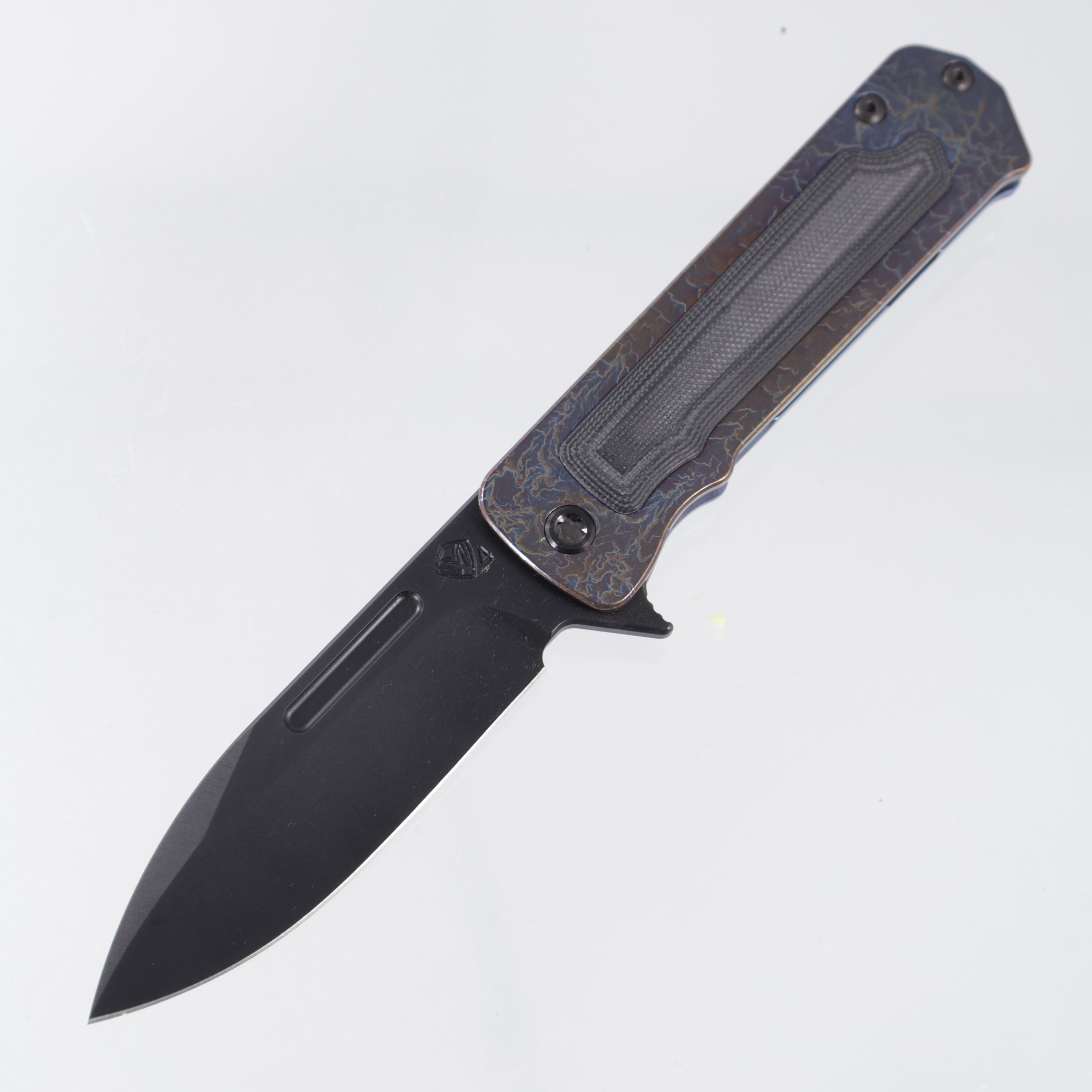 Medford TFF-4 - Flamed Titanium Front Scale w/ Black G10 Inlay, Blue Titanium Lockside & USA Engraved Clip - DLC S45VN - MK1404PD-03A2-TPCP-BP