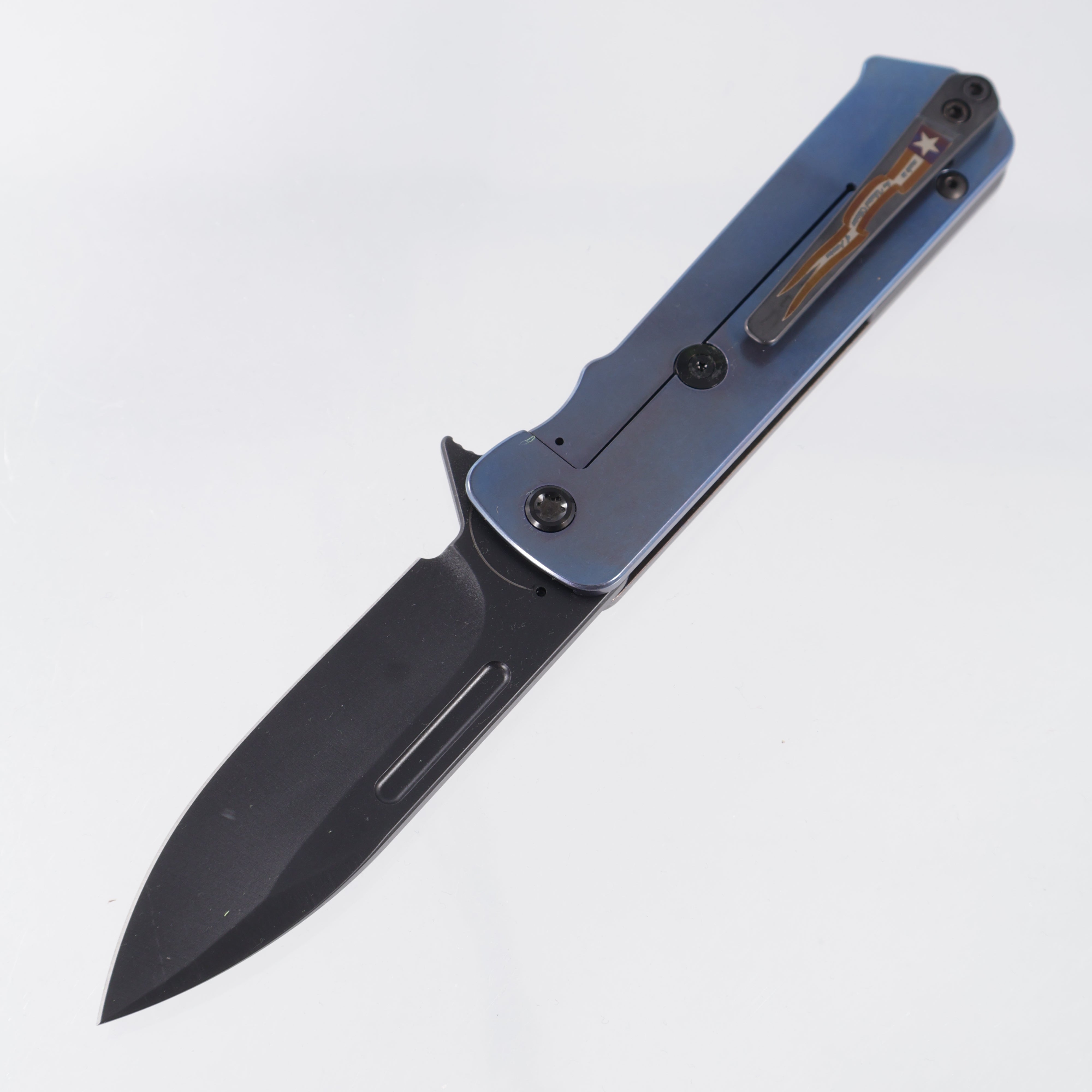 Medford TFF-4 - Flamed Titanium Front Scale w/ Black G10 Inlay, Blue Titanium Lockside & USA Engraved Clip - DLC S45VN - MK1404PD-03A2-TPCP-BP