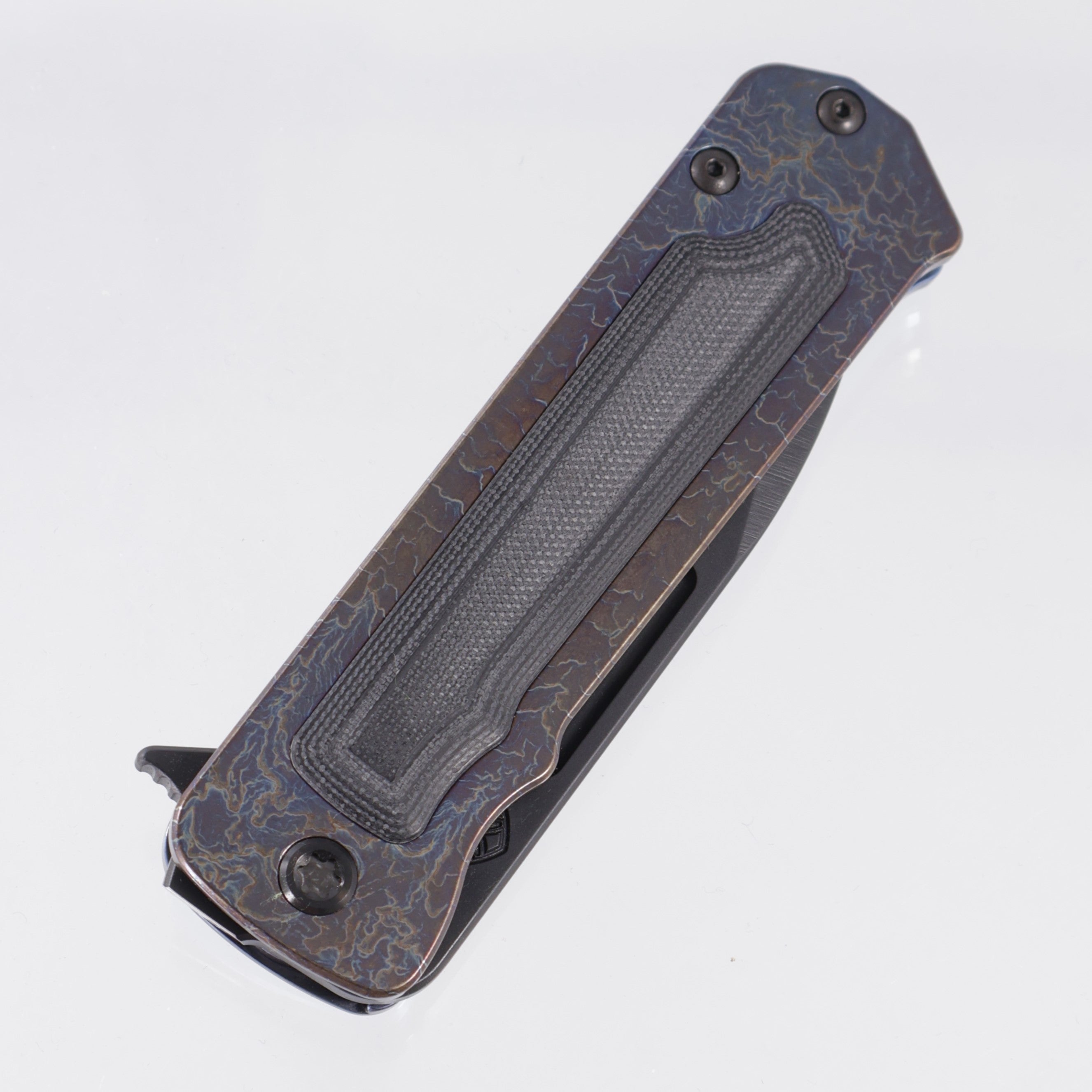 Medford TFF-4 - Flamed Titanium Front Scale w/ Black G10 Inlay, Blue Titanium Lockside & USA Engraved Clip - DLC S45VN - MK1404PD-03A2-TPCP-BP