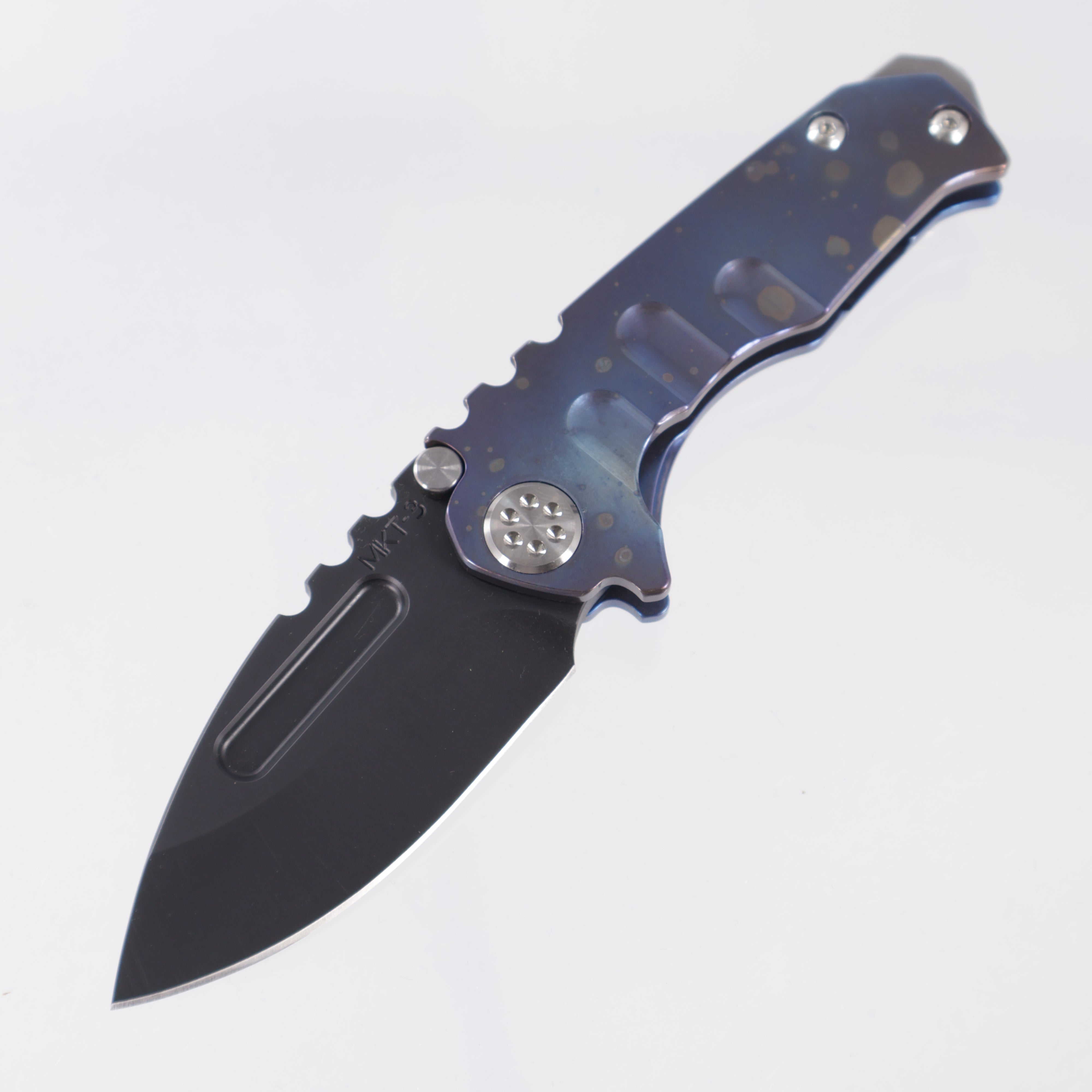 Medford Micro Praetorian Drop Point - Flamed Titanium Front Scale w/ Blue Titanium Lockside - DLC 3V - MK0083PD-03A2-TSCS-BN