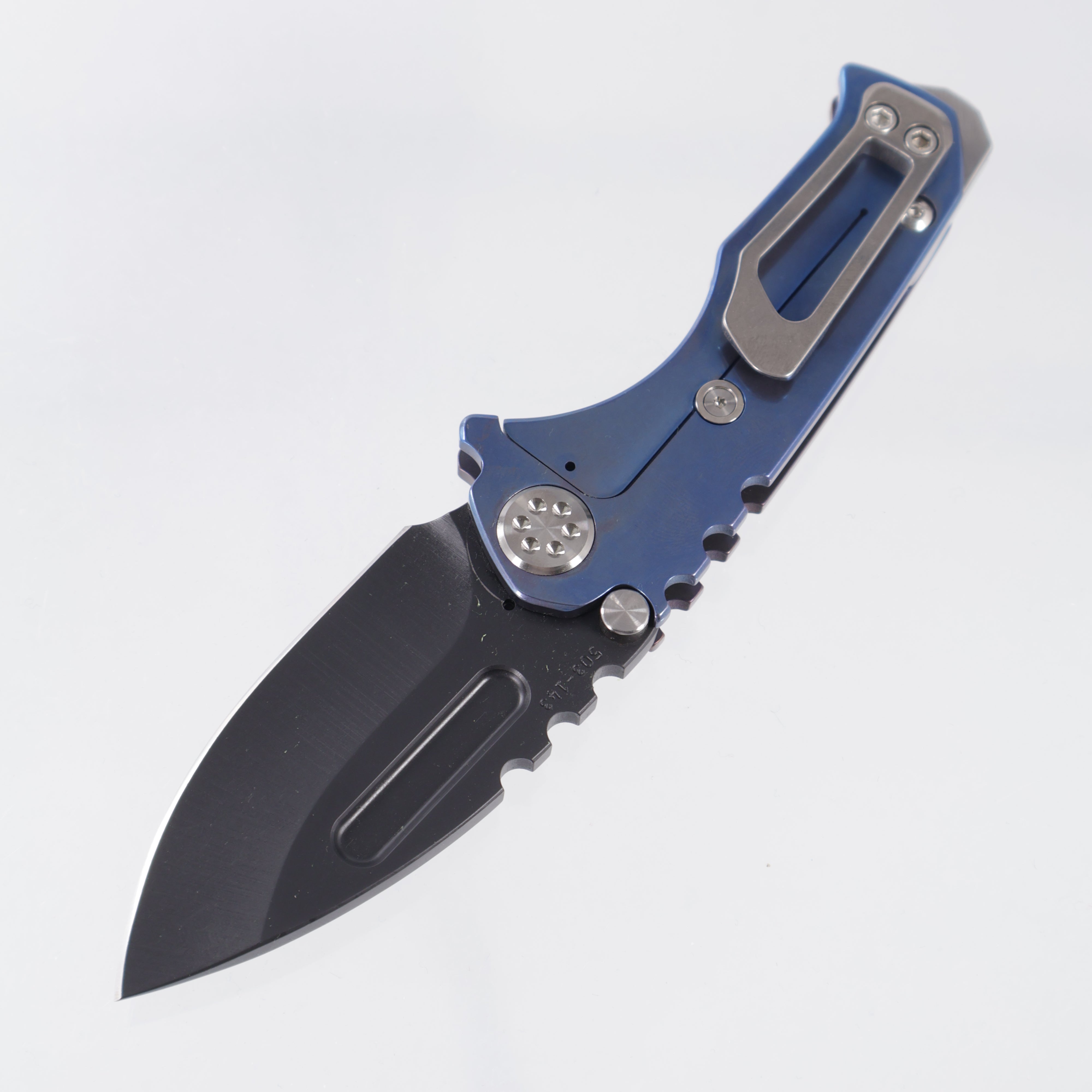 Medford Micro Praetorian Drop Point - Flamed Titanium Front Scale w/ Blue Titanium Lockside - DLC 3V - MK0083PD-03A2-TSCS-BN