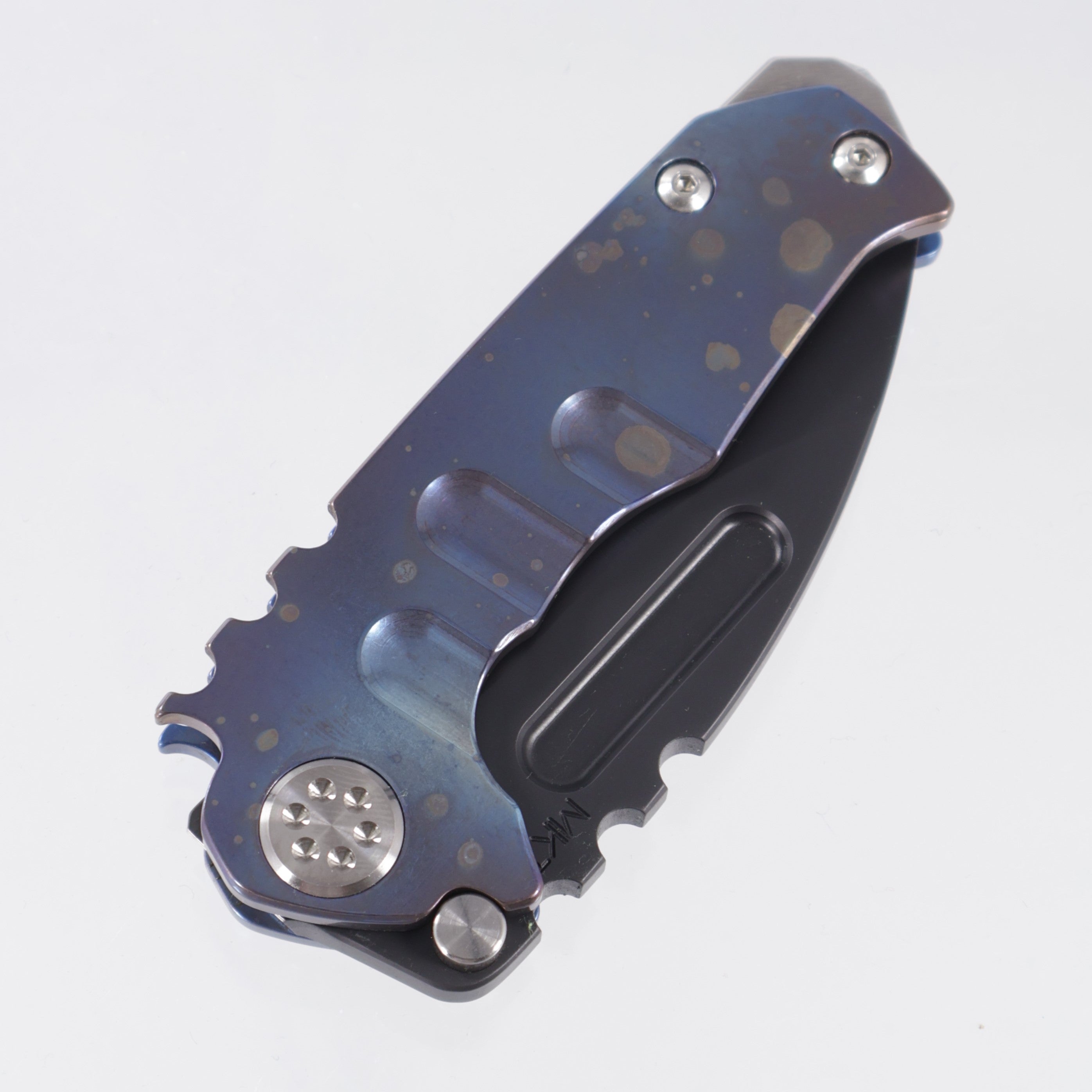 Medford Micro Praetorian Drop Point - Flamed Titanium Front Scale w/ Blue Titanium Lockside - DLC 3V - MK0083PD-03A2-TSCS-BN