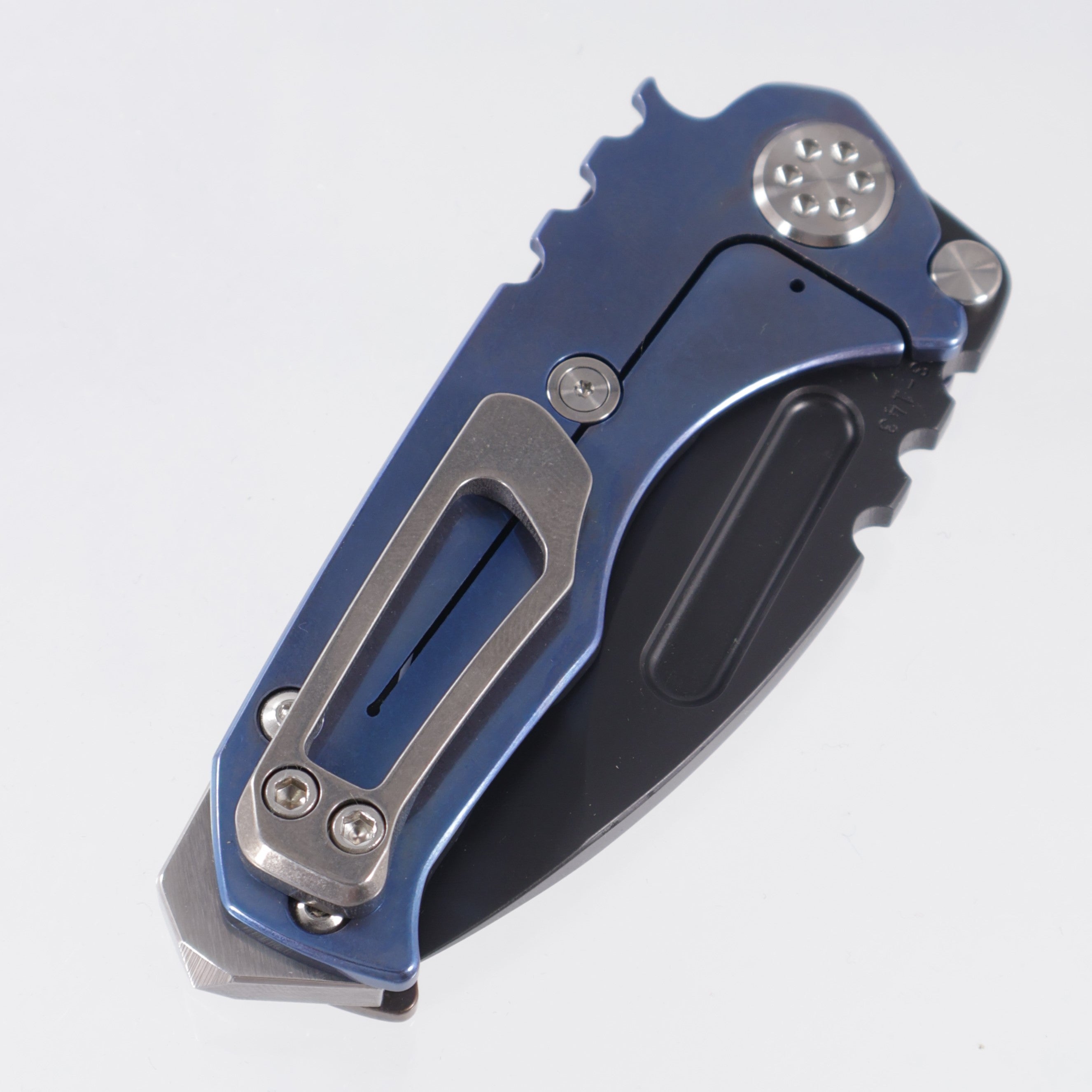 Medford Micro Praetorian Drop Point - Flamed Titanium Front Scale w/ Blue Titanium Lockside - DLC 3V - MK0083PD-03A2-TSCS-BN